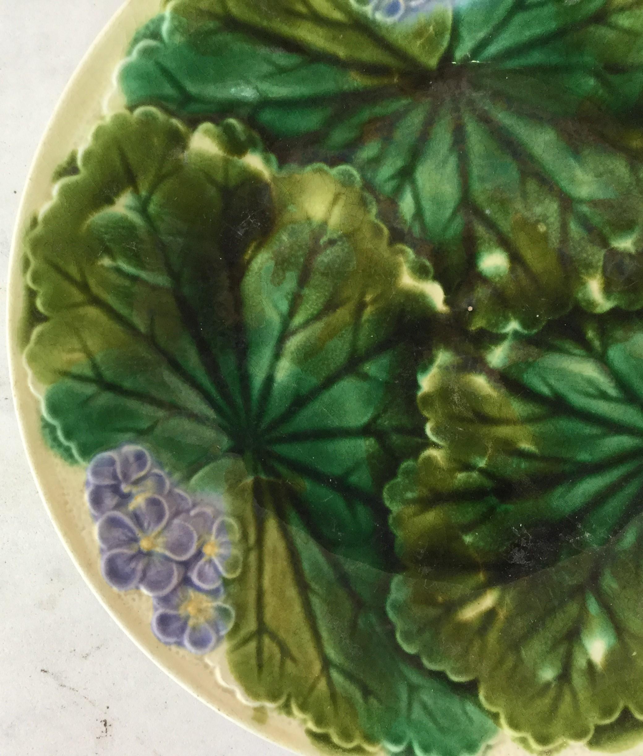 French Provincial Majolica Purple Flowers Plate Clairefontaine, circa 1890