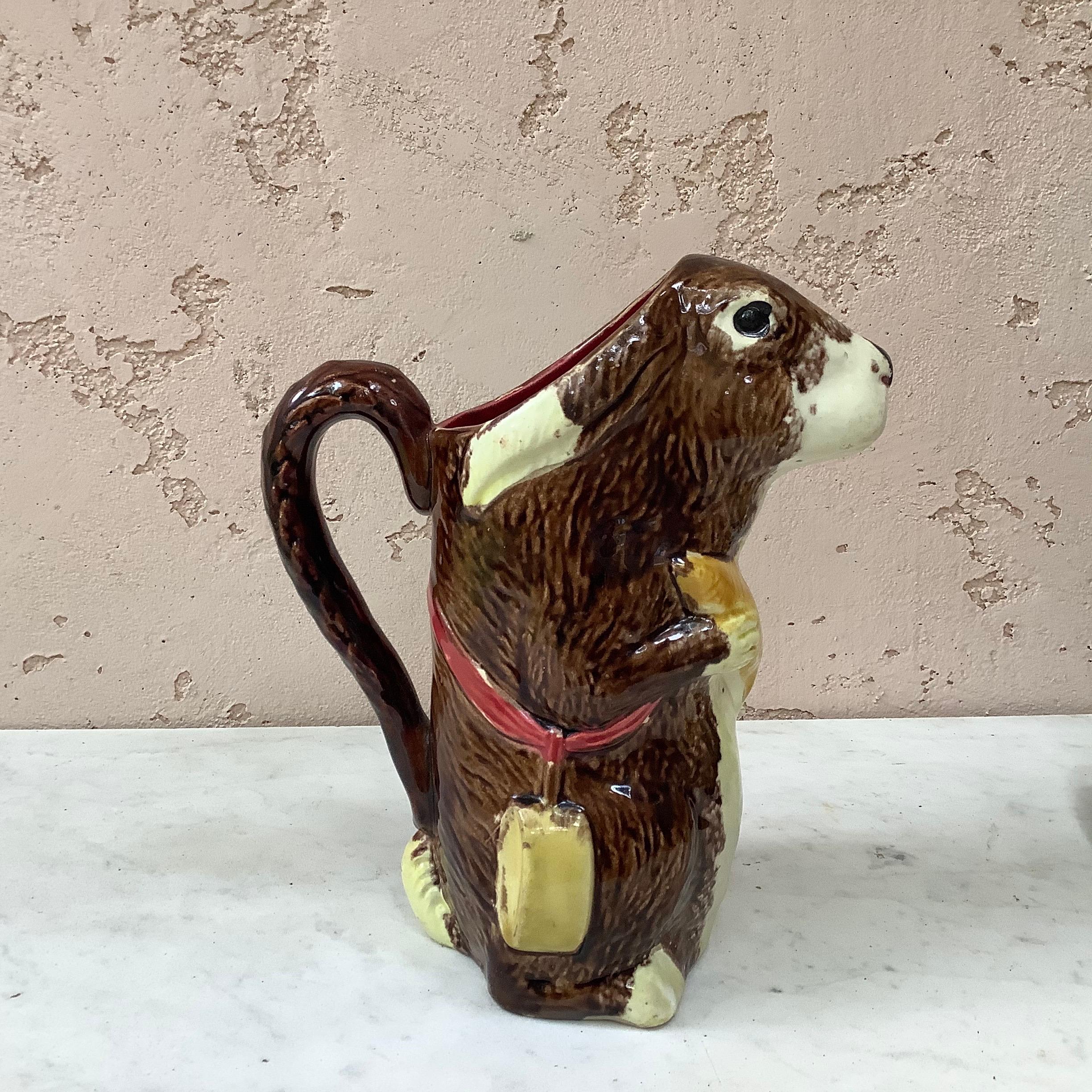 A rustic Majolica brown rabbit with carrot pitcher signed from the manufacture of Orchies circa 1890 model number LP2.
This pitcher exist in different colors of carrot.
Reference / Page 111 