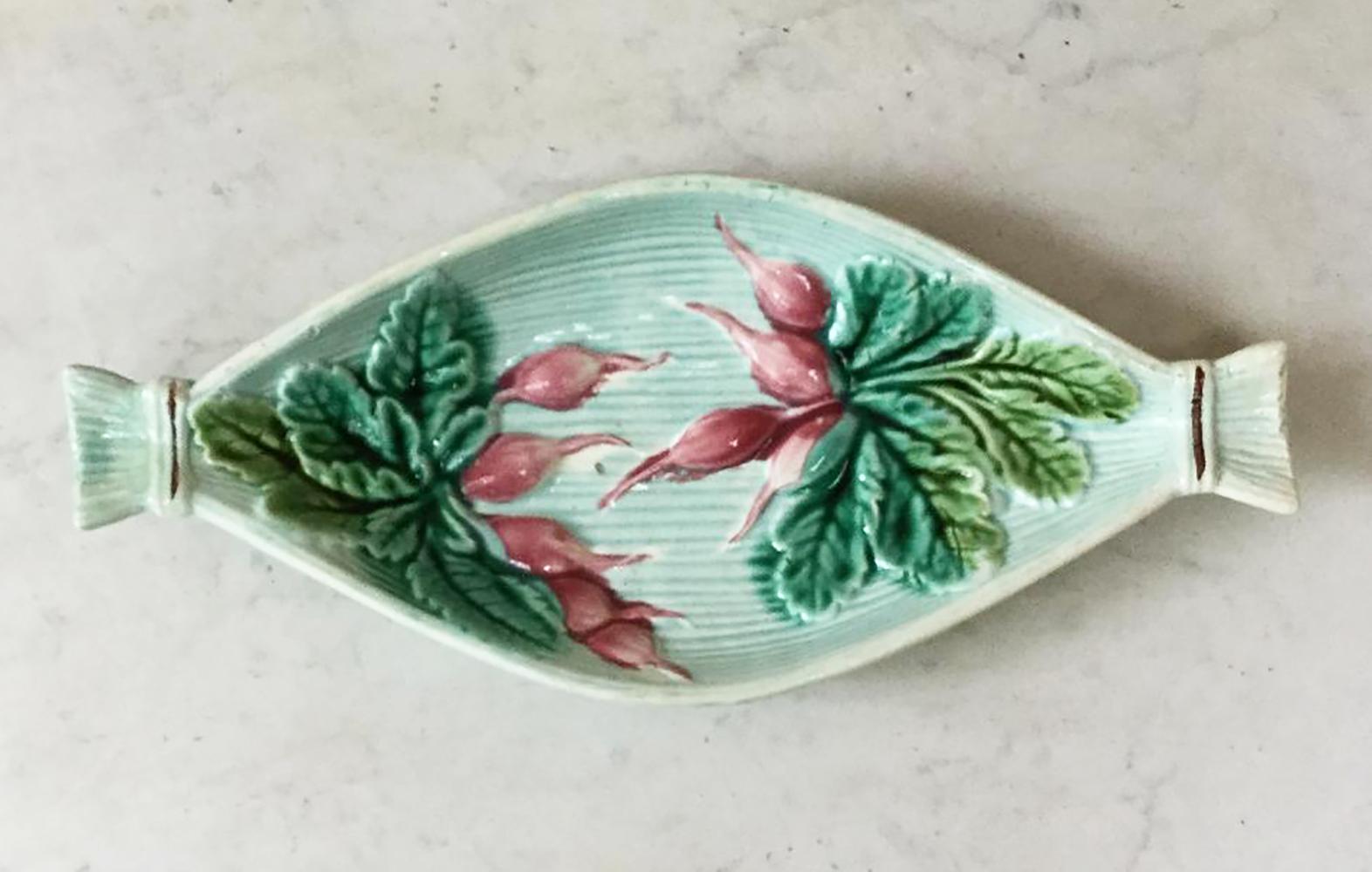 Majolica radish dish signed Salins, circa 1880.