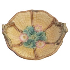 Antique Majolica Raised Platform Serving Dish Basket Weave
