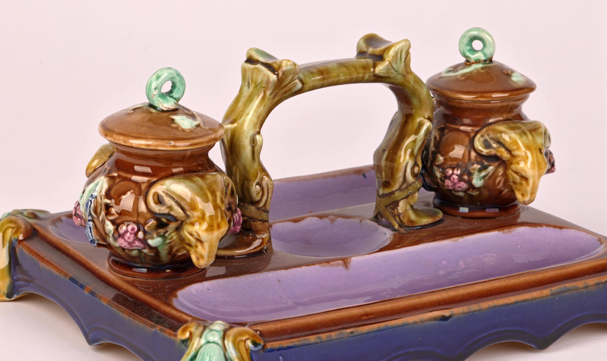 Majolica Rams Head English Decorated Partners Desk Stand with Inkwells   For Sale 3