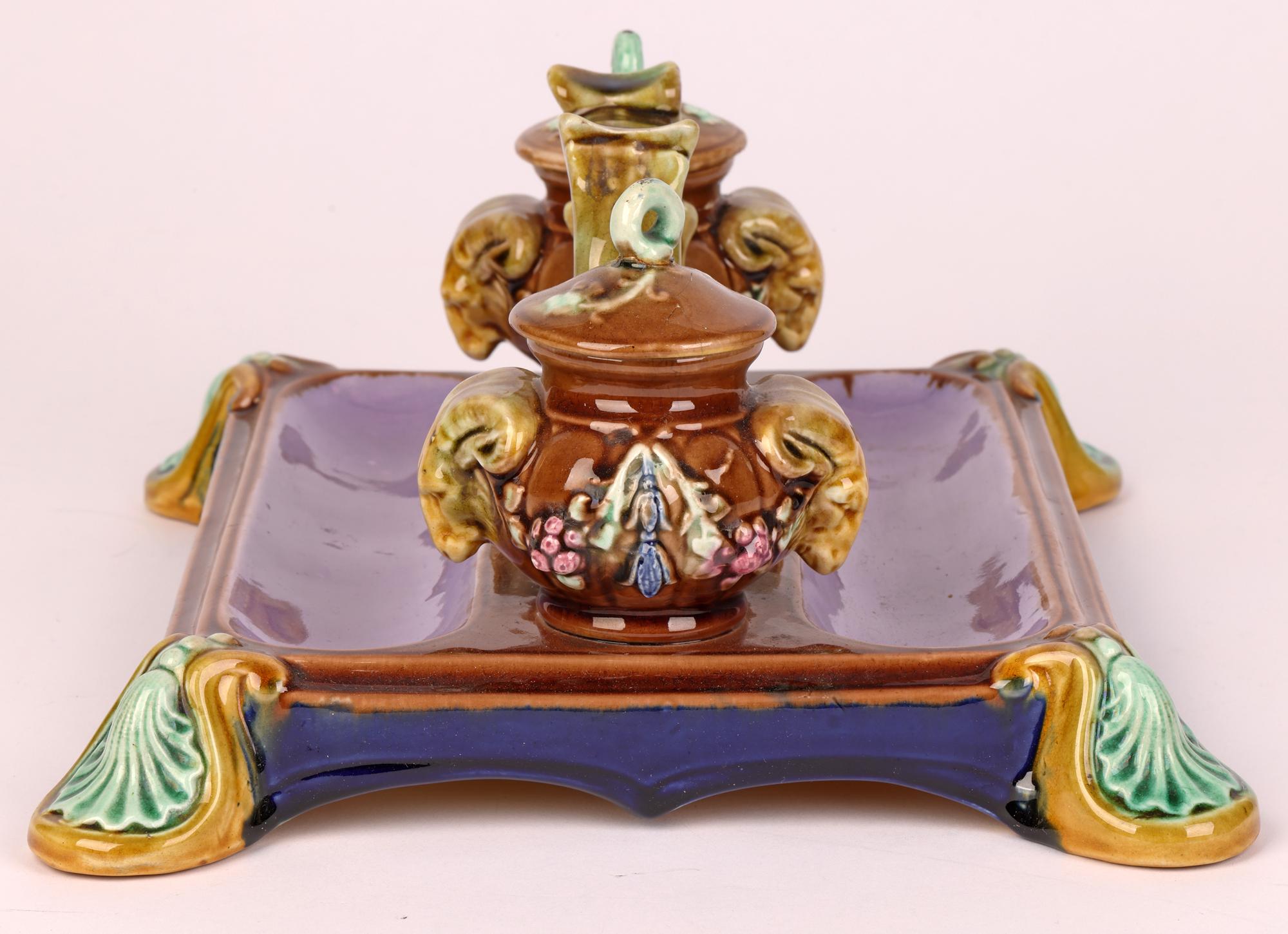 Majolica Rams Head English Decorated Partners Desk Stand with Inkwells   For Sale 7