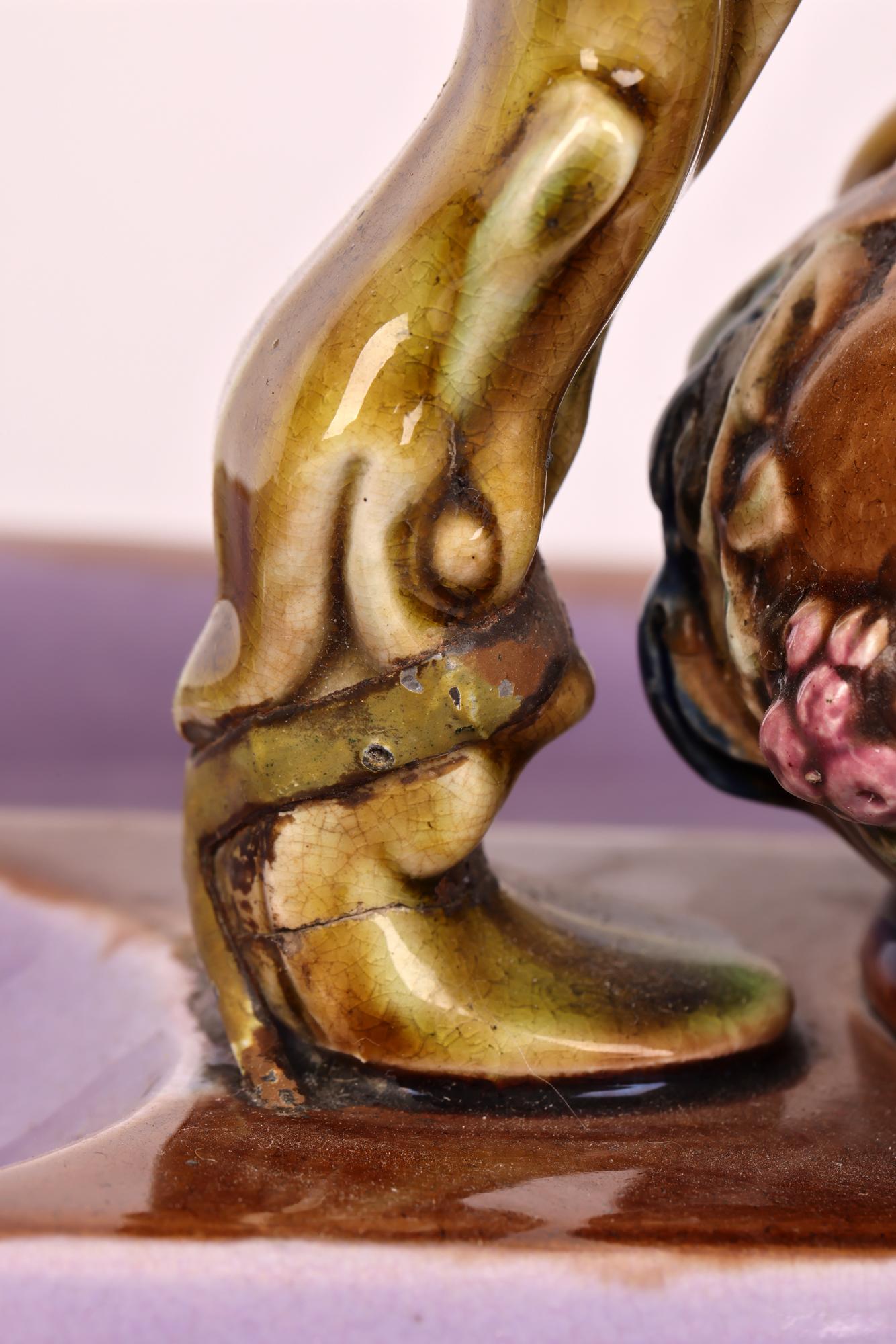 Majolica Rams Head English Decorated Partners Desk Stand with Inkwells For Sale 8