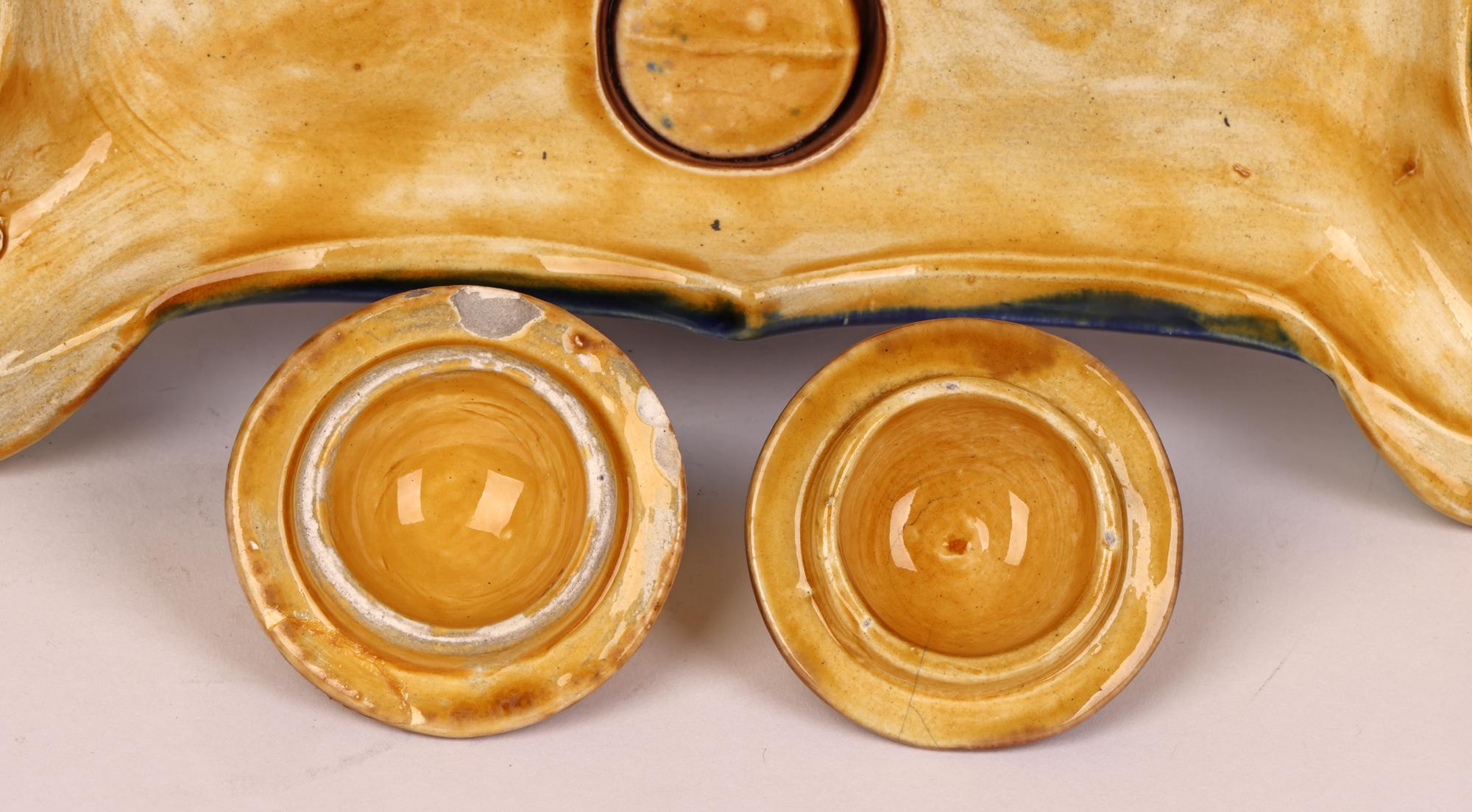 Majolica Rams Head English Decorated Partners Desk Stand with Inkwells For Sale 10
