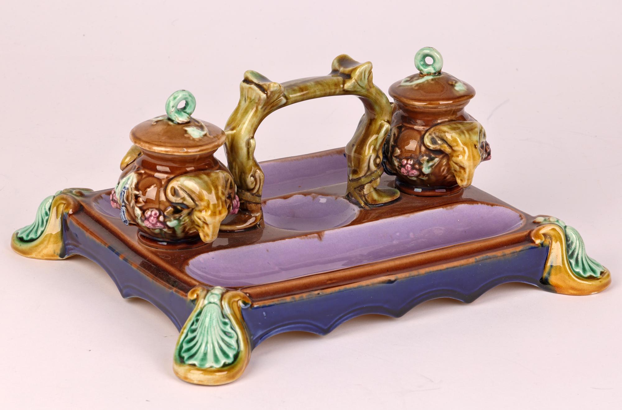 Majolica Rams Head English Decorated Partners Desk Stand with Inkwells   For Sale 11