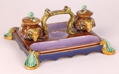 Majolica Rams Head English Decorated Partners Desk Stand with Inkwells