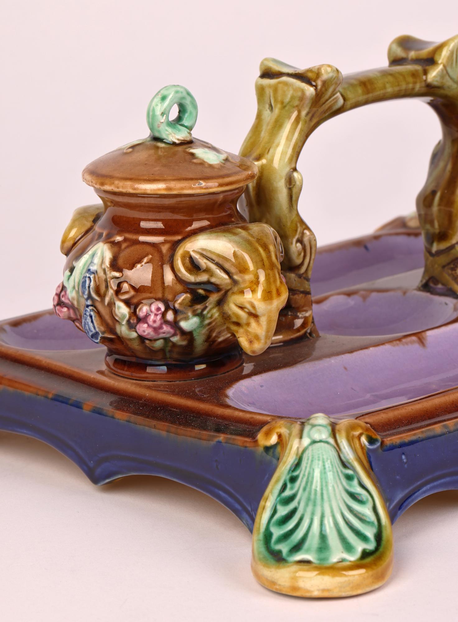 High Victorian Majolica Rams Head English Decorated Partners Desk Stand with Inkwells   For Sale