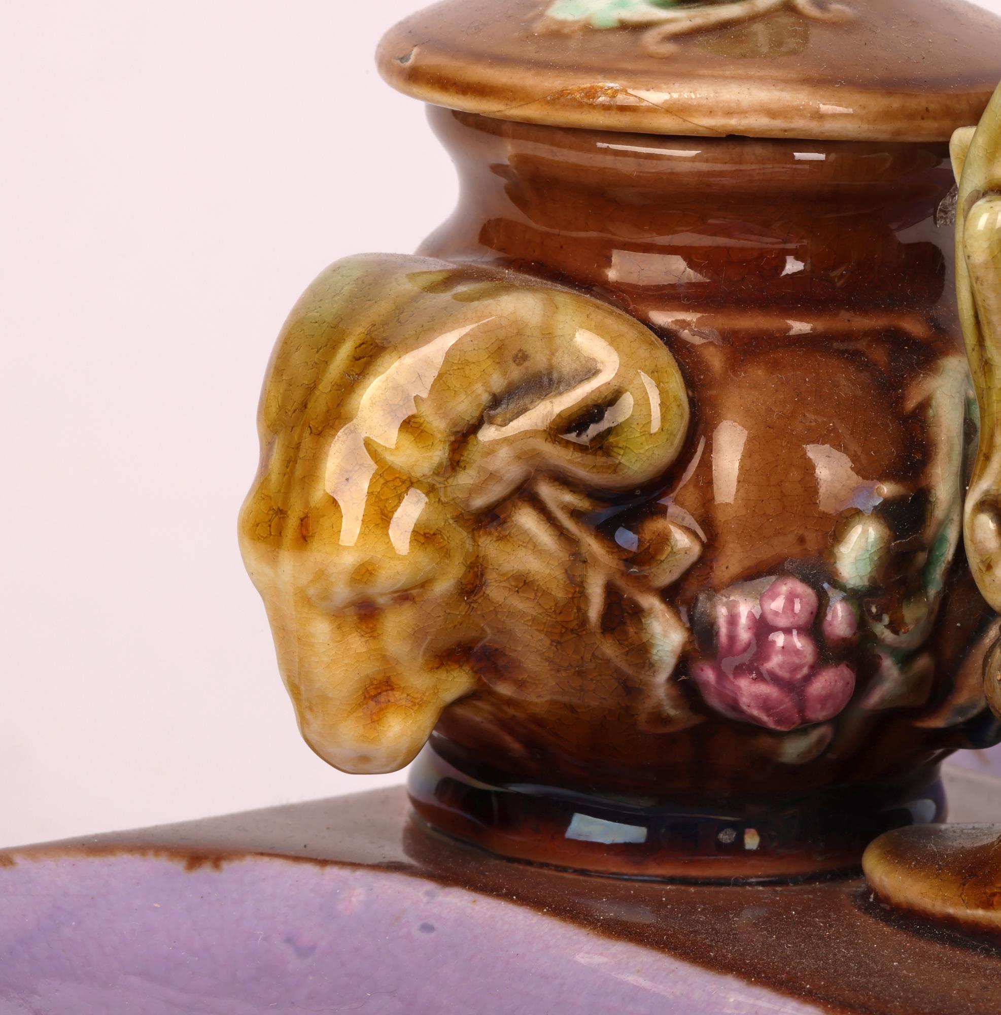 Majolica Rams Head English Decorated Partners Desk Stand with Inkwells In Fair Condition For Sale In Bishop's Stortford, Hertfordshire