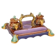 Majolica Rams Head English Decorated Partners Desk Stand with Inkwells  