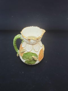 Majolica Rare Gold Green and Terracotta Lotus Pitcher