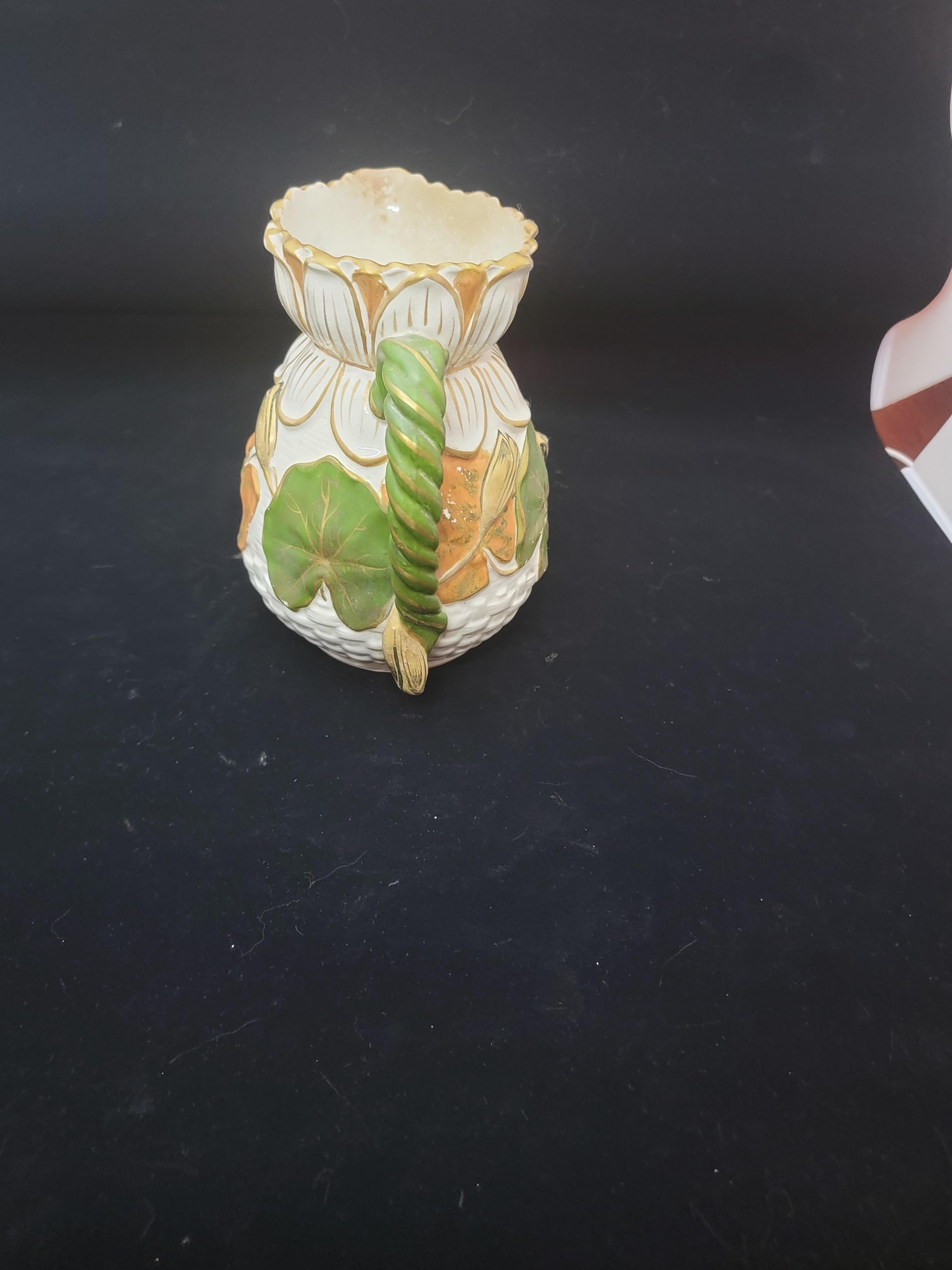 Victorian Majolica Rare Gold Green and Terracotta Lotus Pitcher For Sale