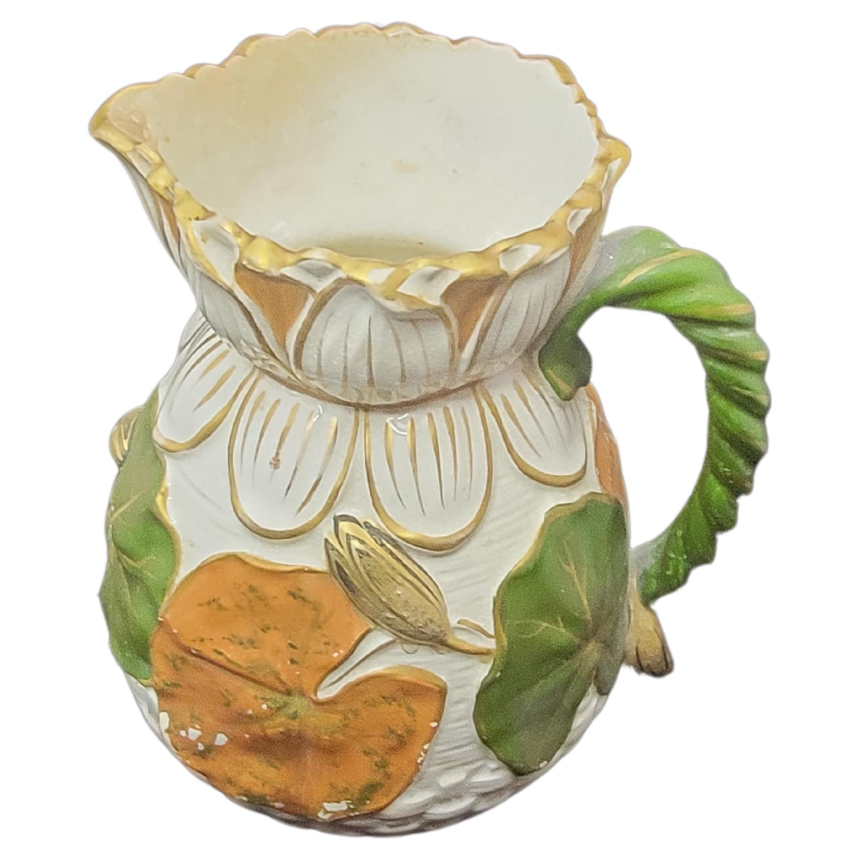 Majolica Rare Gold Green and Terracotta Lotus Pitcher For Sale