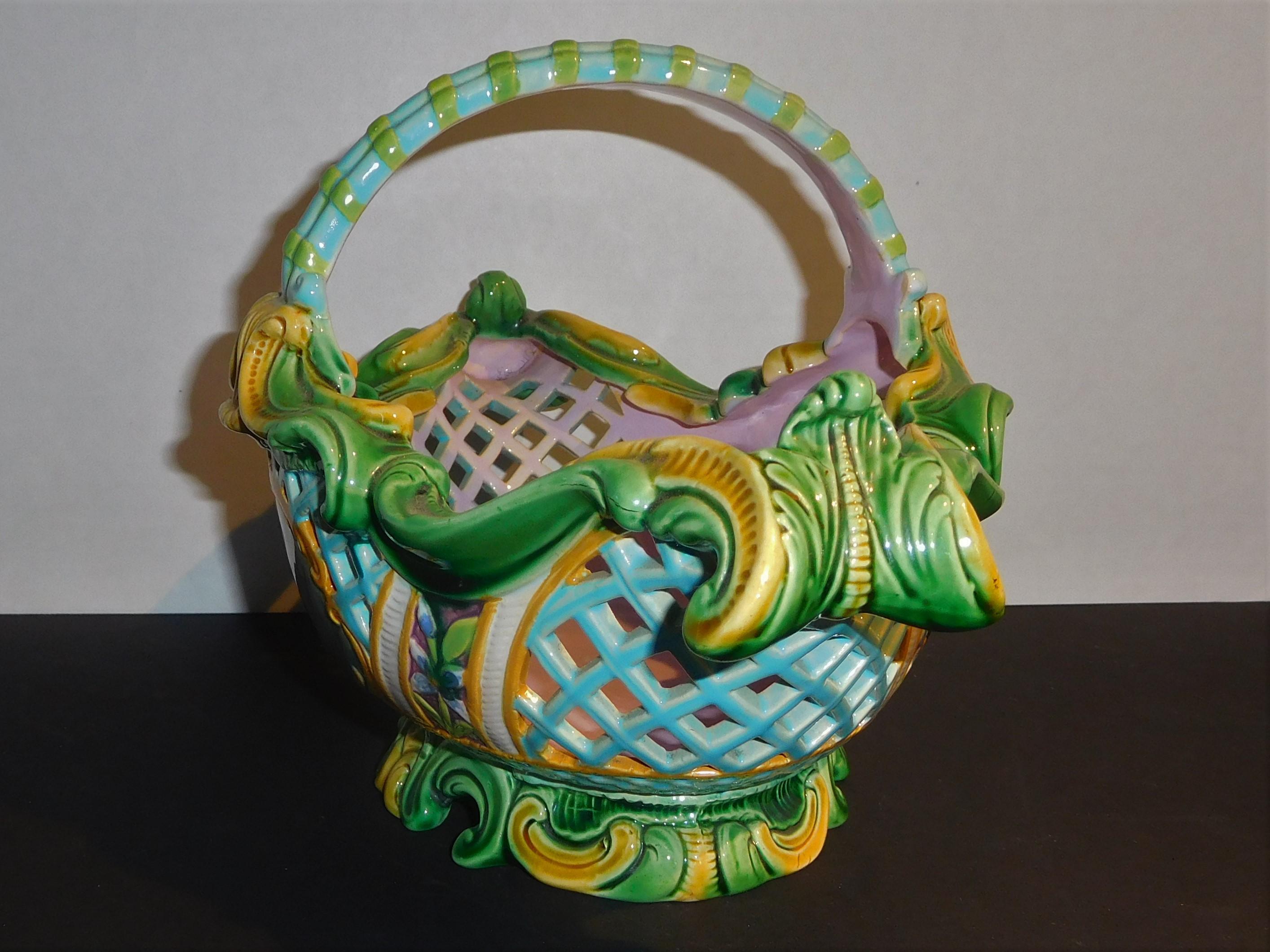 Victorian Majolica Reticulated Berry Basket Attributed to Mintons, England, 1883-1891