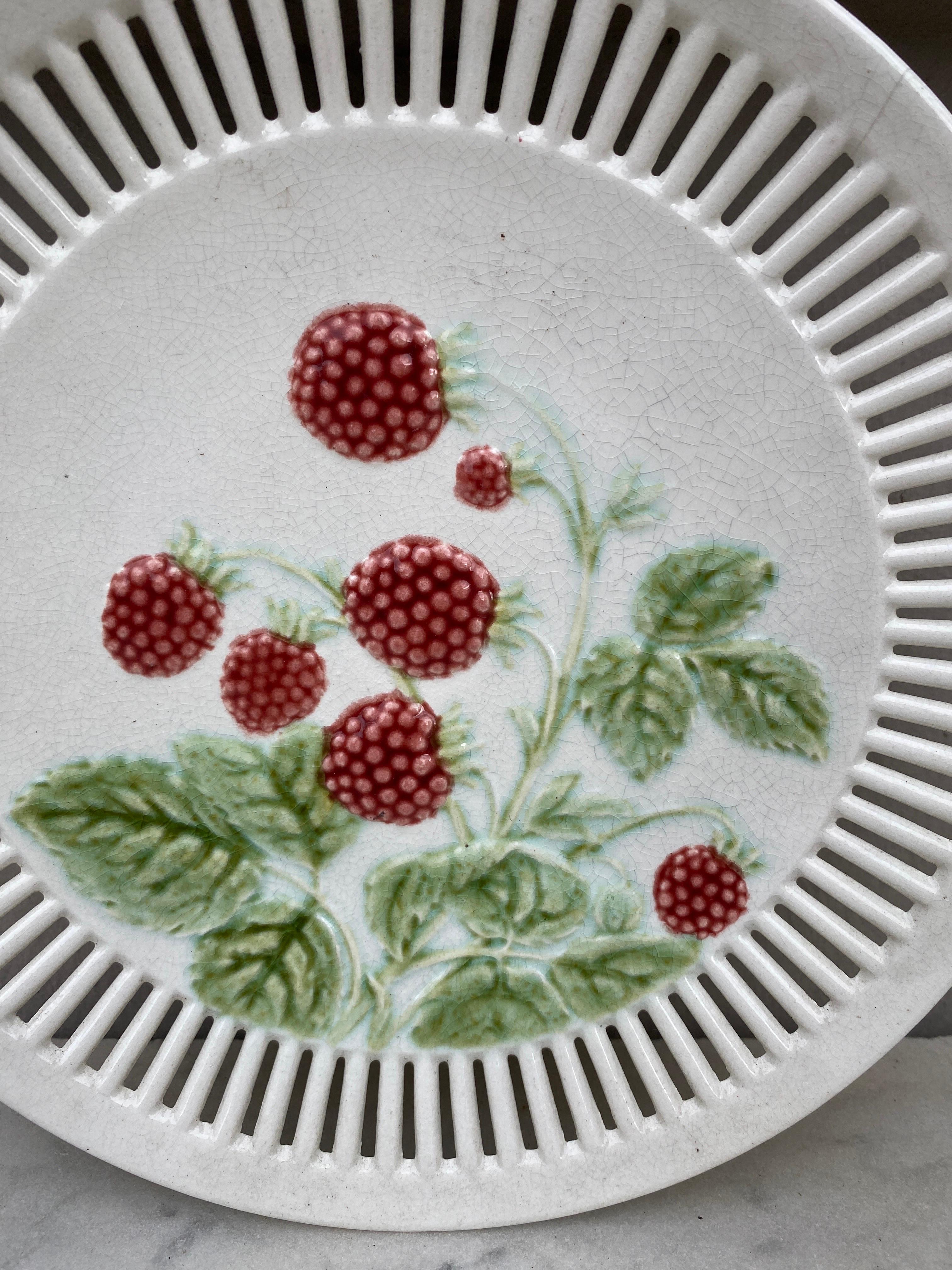 Majolica Reticulated Plate Raspberries Sarreguemines Circa 1900.
 