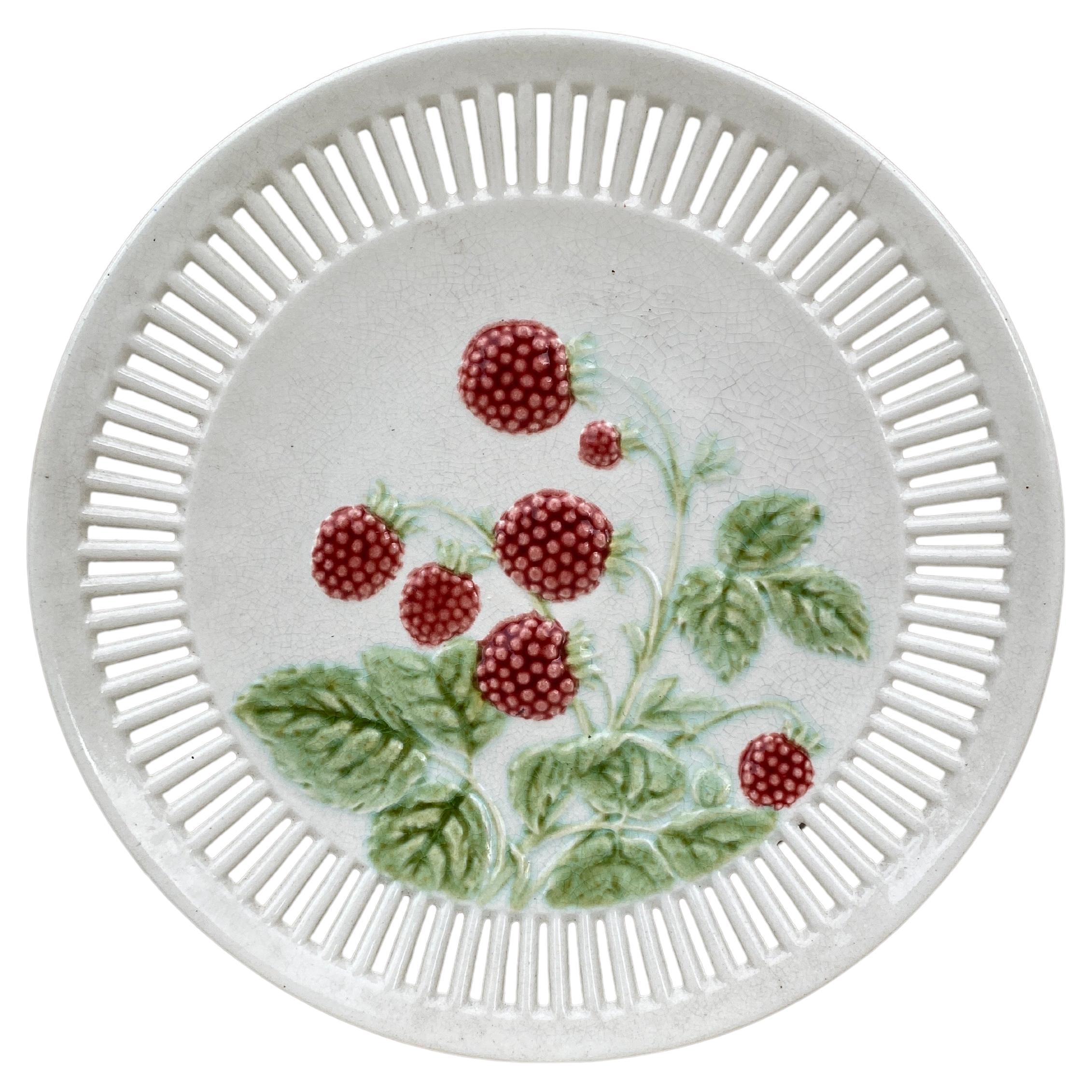 Majolica Reticulated Plate Raspberries Sarreguemines Circa 1900