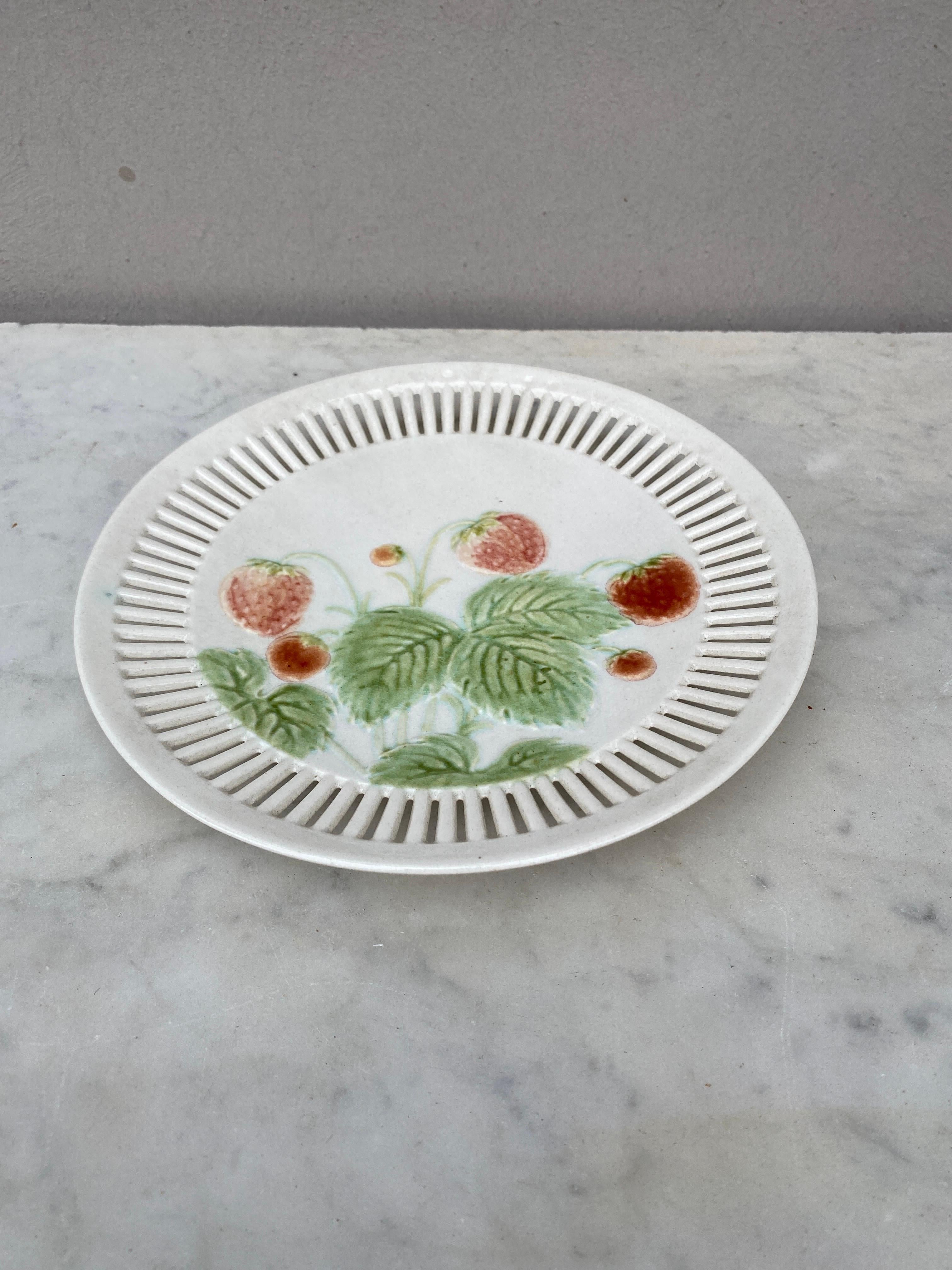 Majolica Reticulated Plate Strawberries Sarreguemines Circa 1900
 