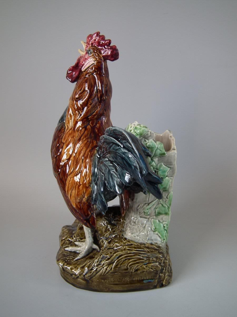 Late 19th Century Majolica Rooster/Cockerel Vase by Louis Carrier Belleuse For Sale