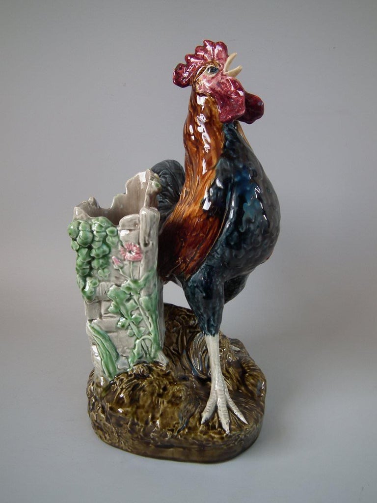 Majolica Rooster/Cockerel Vase by Louis Carrier Belleuse For Sale at