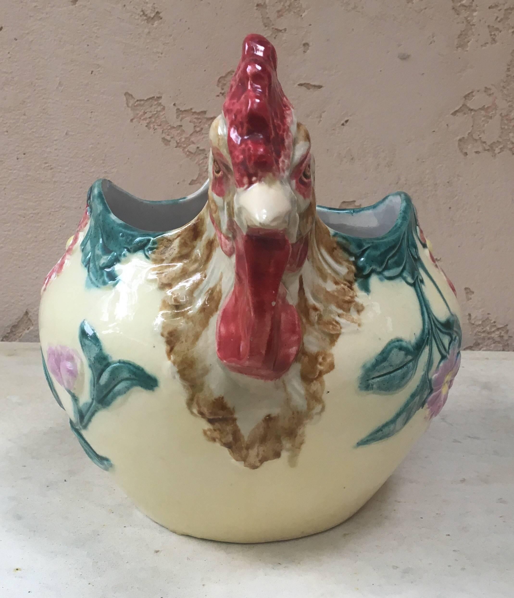 French Majolica Rooster Heads Jardiniere Orchies, circa 1900