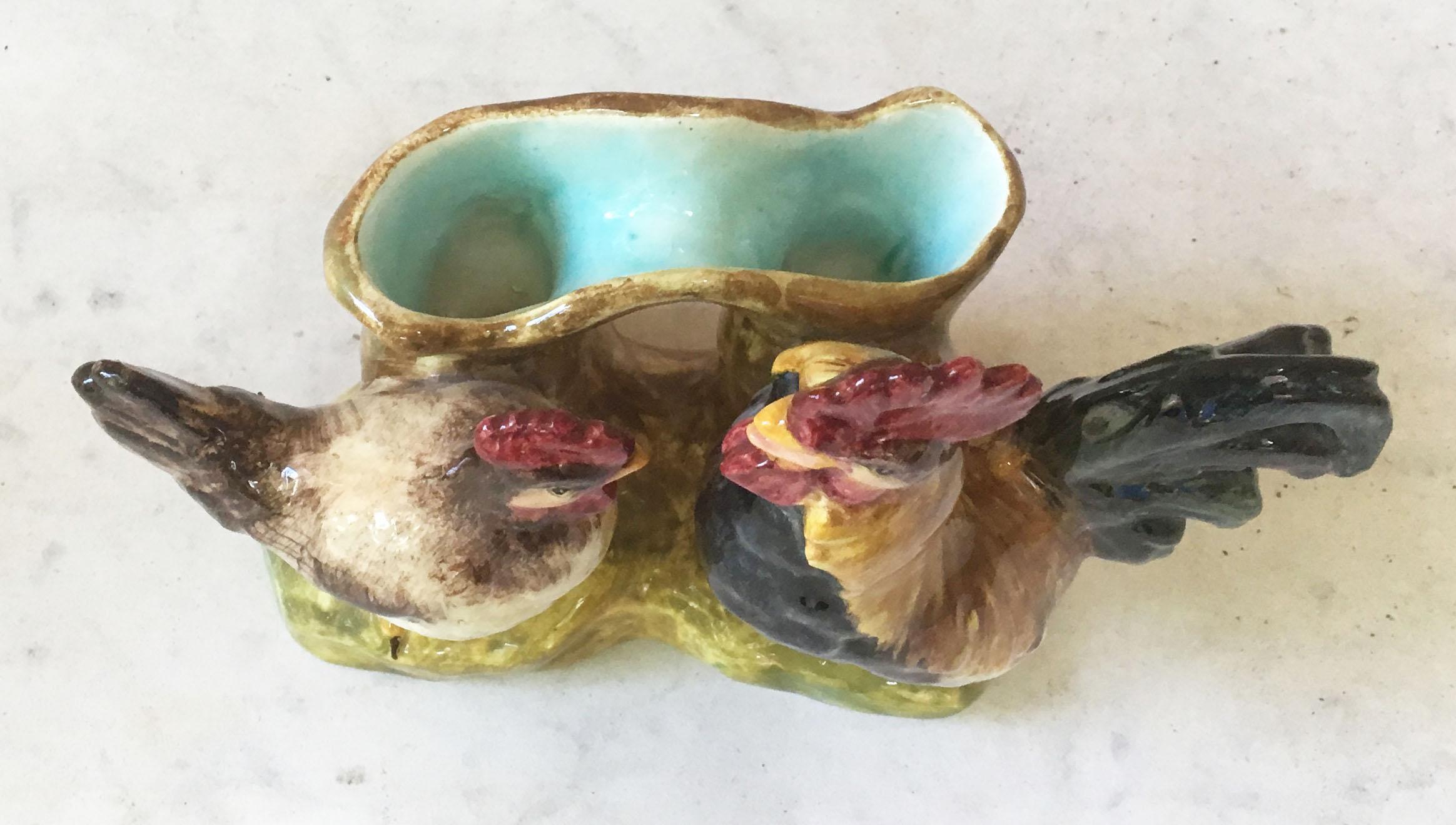 Majolika-Vase mit Hahn und Hen, Delphin Massier, um 1890 (Spätes 19. Jahrhundert) im Angebot