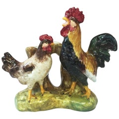 Vintage Majolica Rooster & Hen Vase Delphin Massier, circa 1890