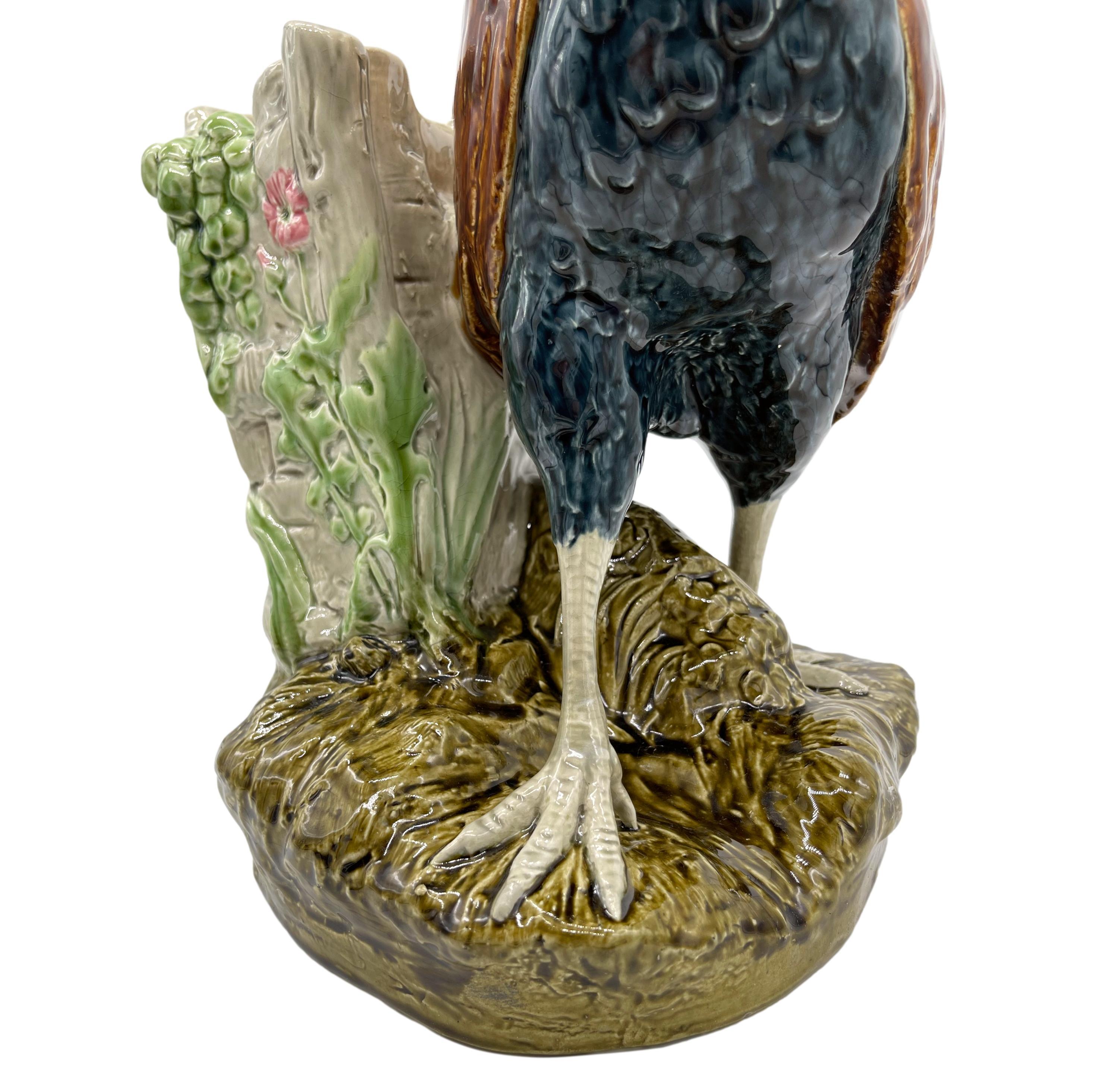 Majolica Rooster Large Spill Vase Signed Louis Carrier-Belleuse, French, ca 1890 For Sale 7