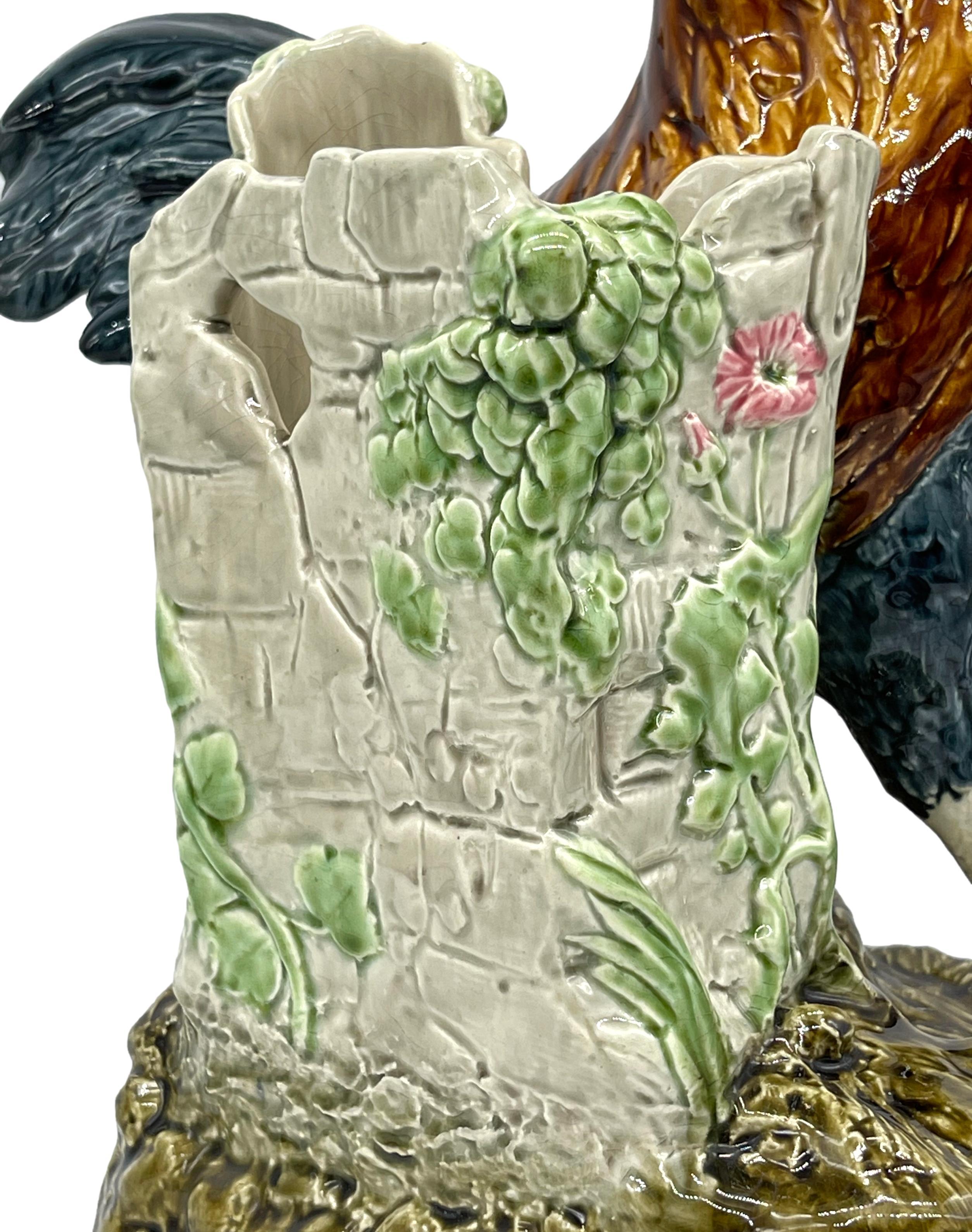 Majolica Rooster Large Spill Vase Signed Louis Carrier-Belleuse, French, ca 1890 For Sale 8