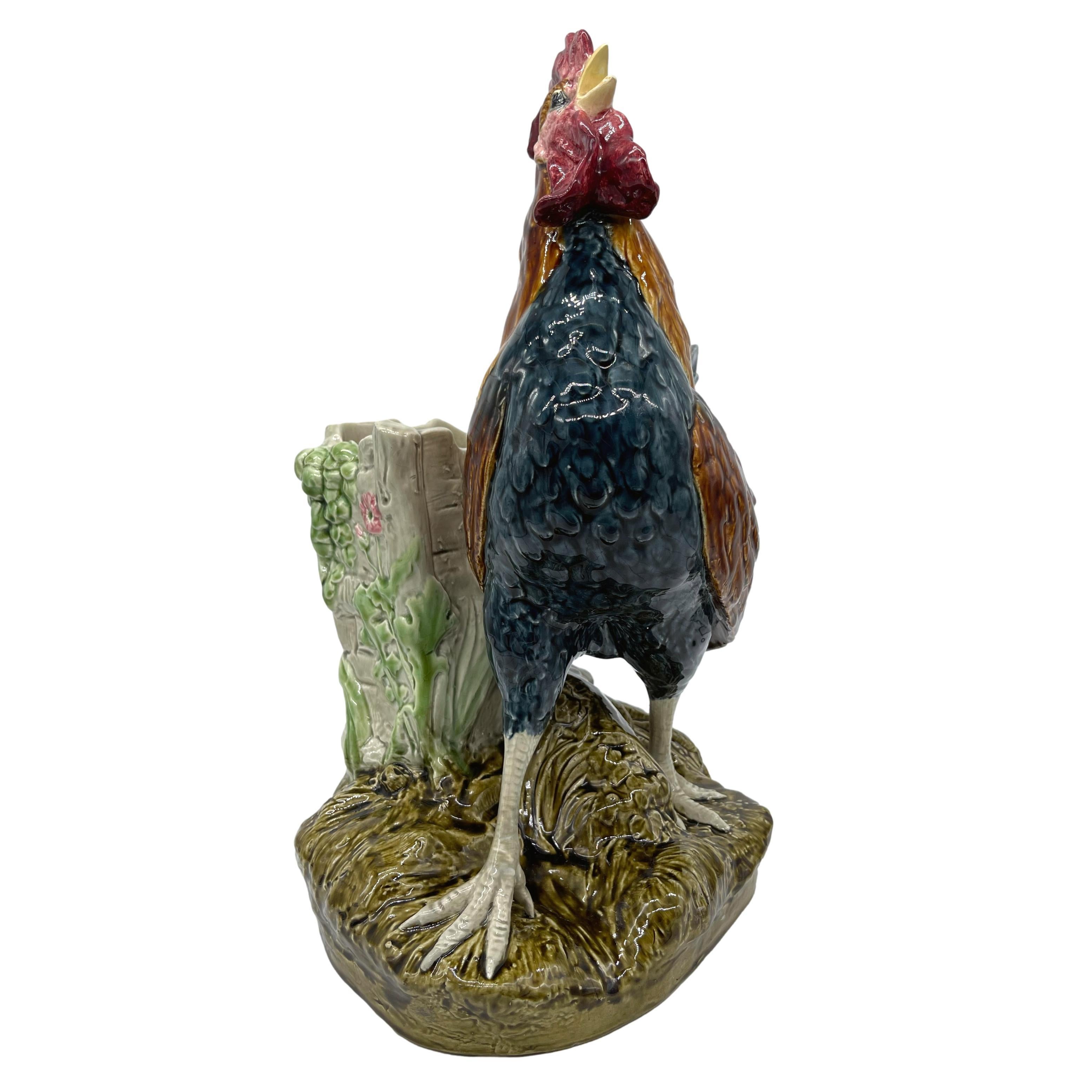 Victorian Majolica Rooster Large Spill Vase Signed Louis Carrier-Belleuse, French, ca 1890 For Sale