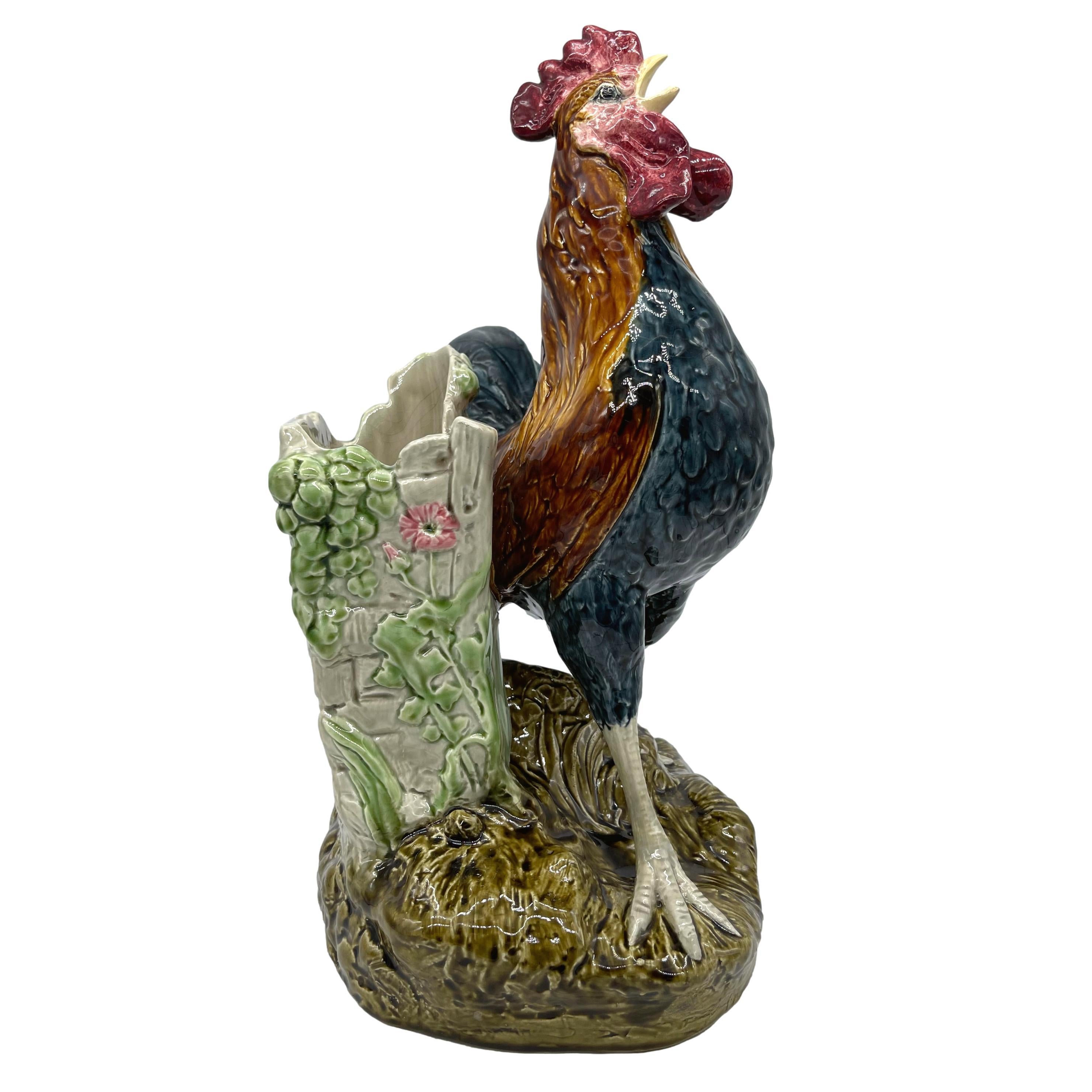 Molded Majolica Rooster Large Spill Vase Signed Louis Carrier-Belleuse, French, ca 1890 For Sale