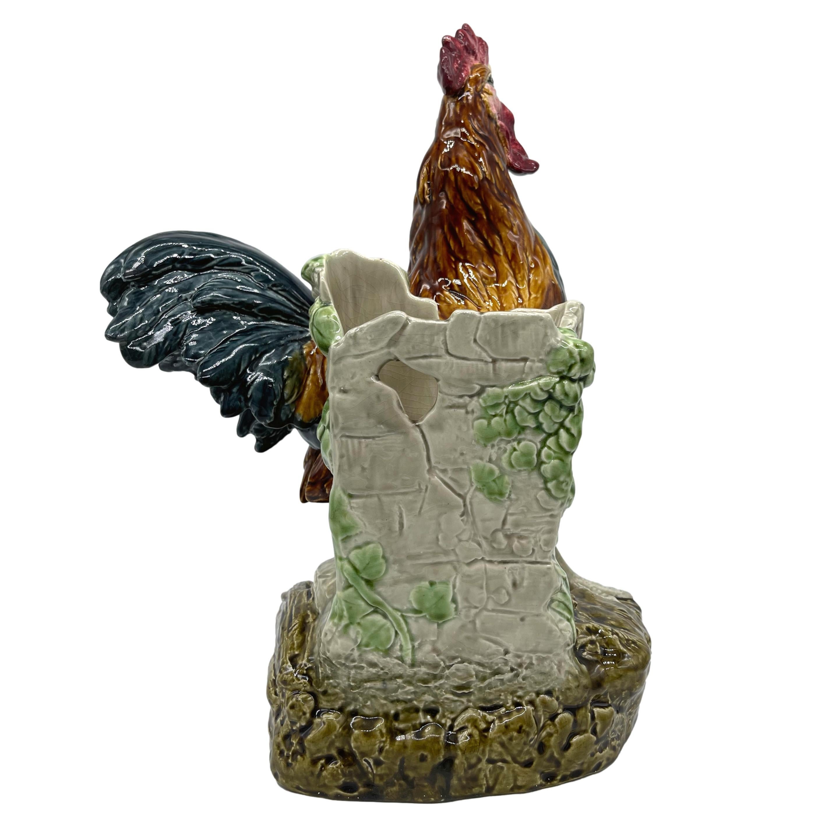 Majolica Rooster Large Spill Vase Signed Louis Carrier-Belleuse, French, ca 1890 In Good Condition For Sale In Banner Elk, NC