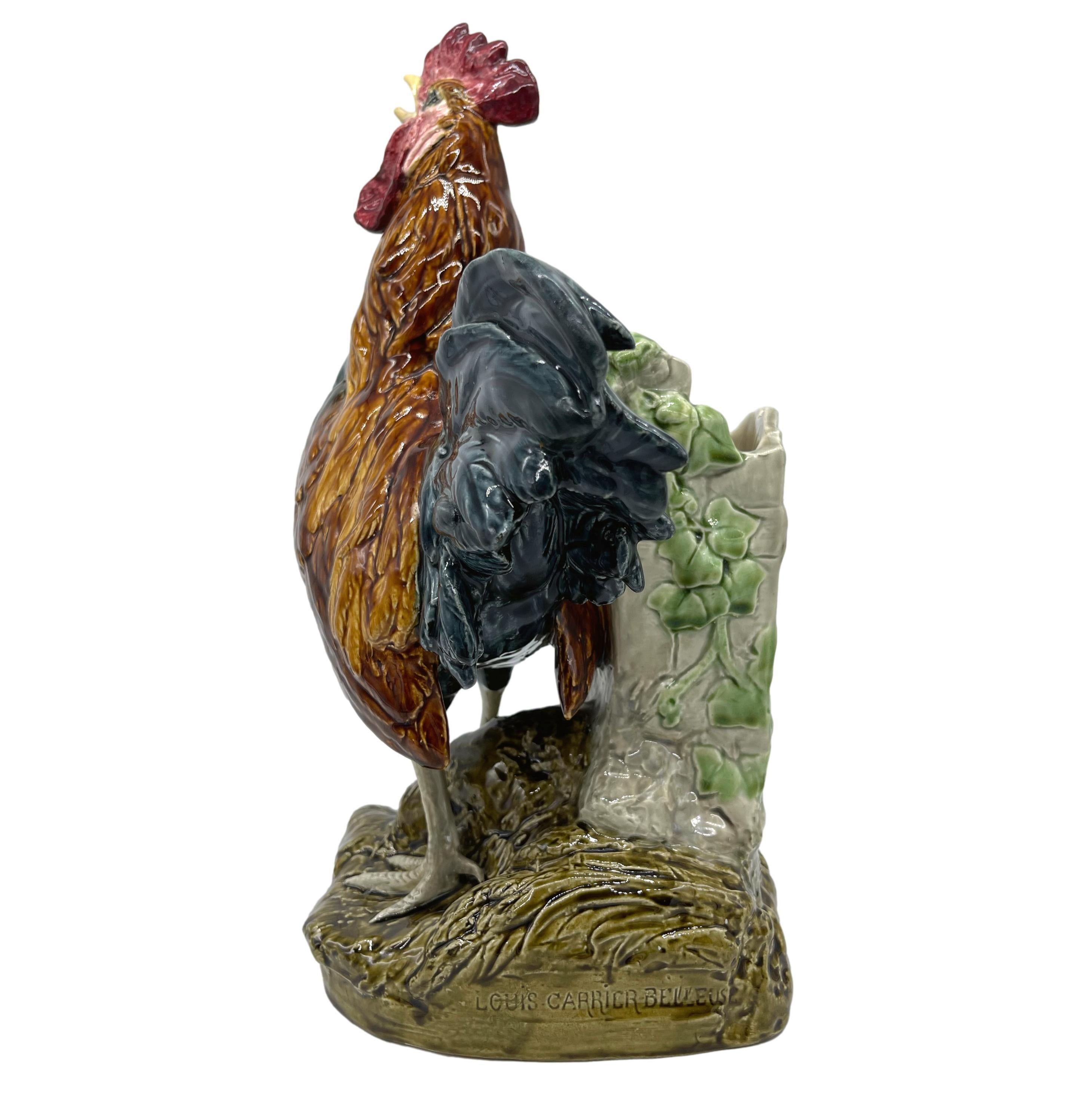 Majolica Rooster Large Spill Vase Signed Louis Carrier-Belleuse, French, ca 1890 For Sale 1