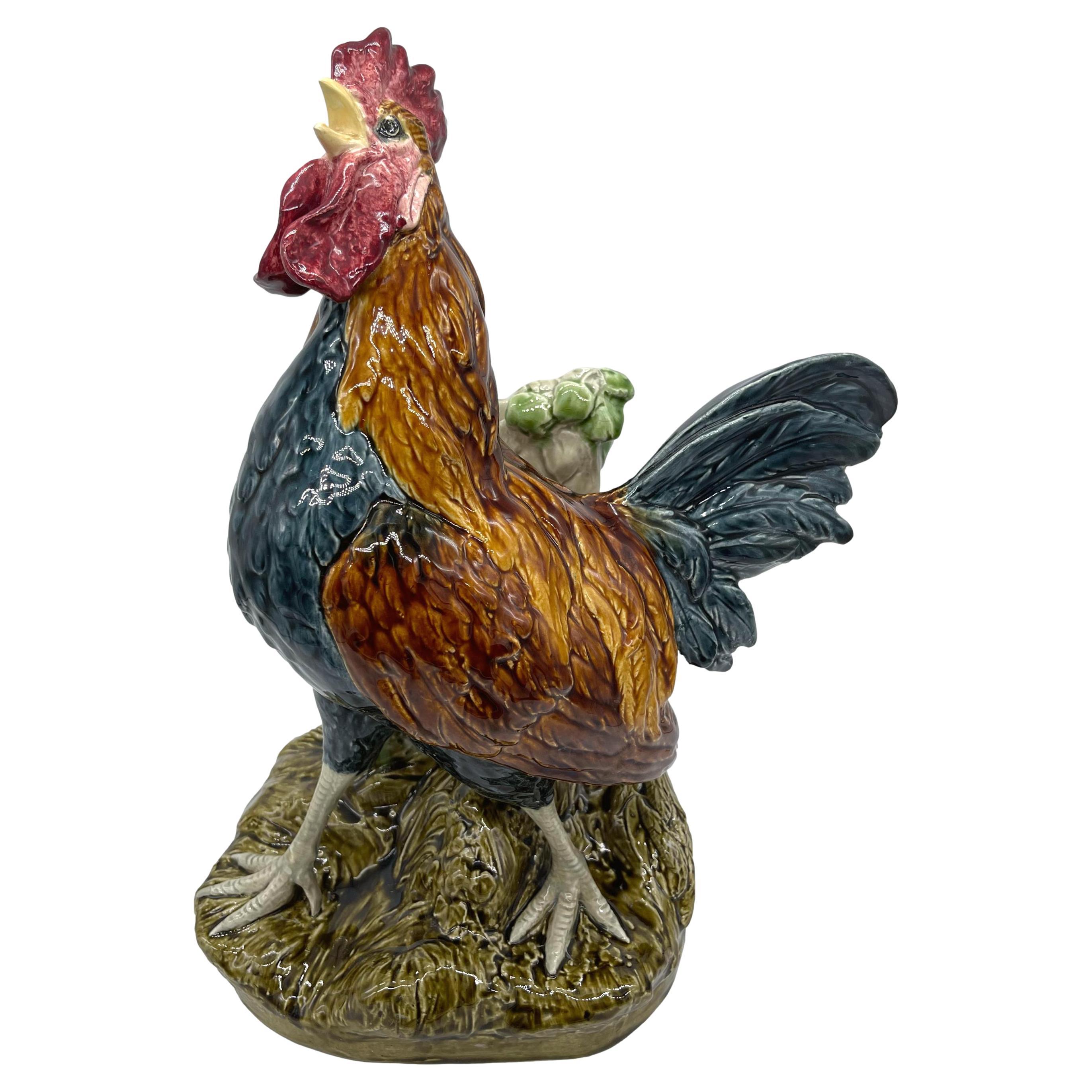Majolica Rooster Large Spill Vase Signed Louis Carrier-Belleuse, French, ca 1890 For Sale