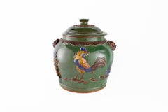 Majolica Rooster Painted Pottery Jar