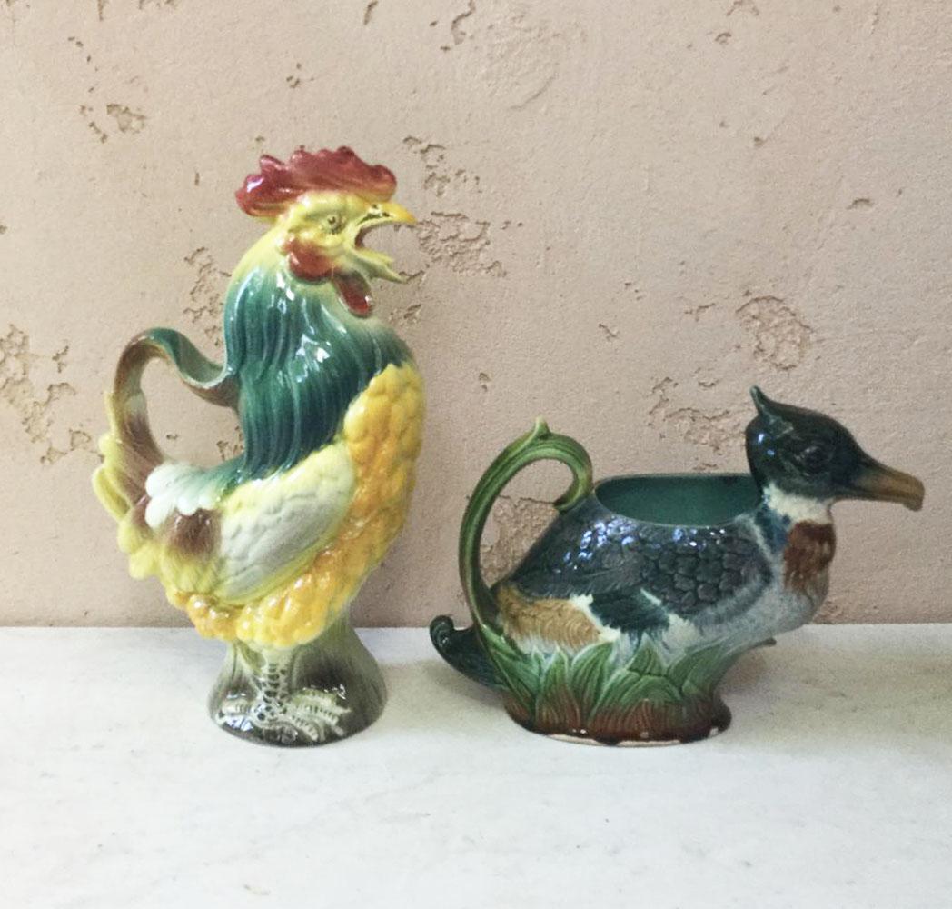 Early 20th Century Majolica Rooster Pitcher Keller and Guerin Saint Clement