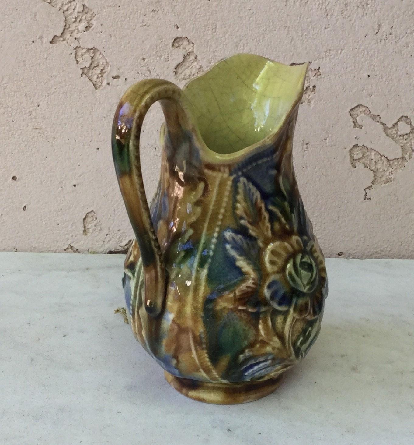 Rustic Majolica Rose Pitcher, circa 1890 For Sale