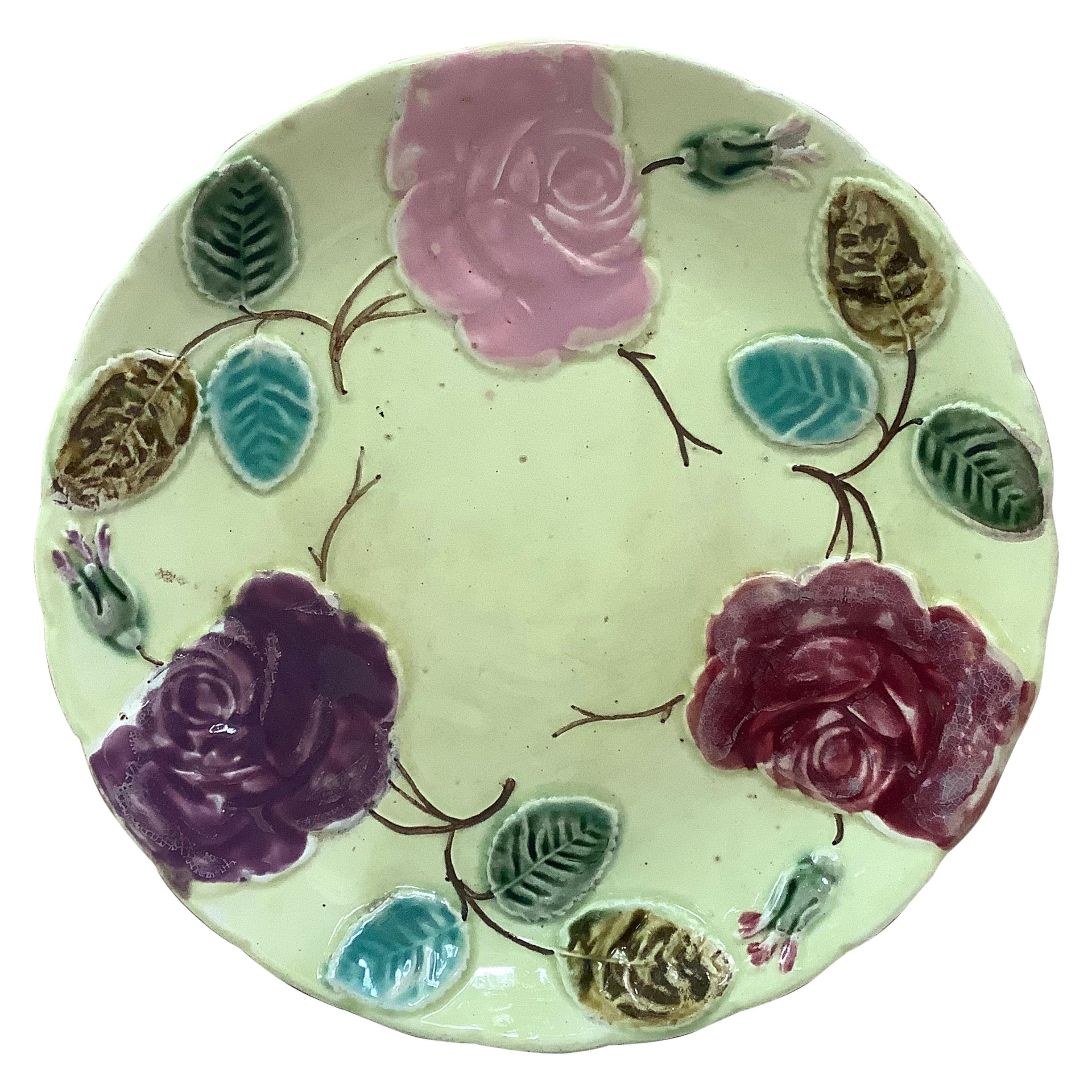 Majolica Roses Plate Saint Amand, circa 1890 For Sale