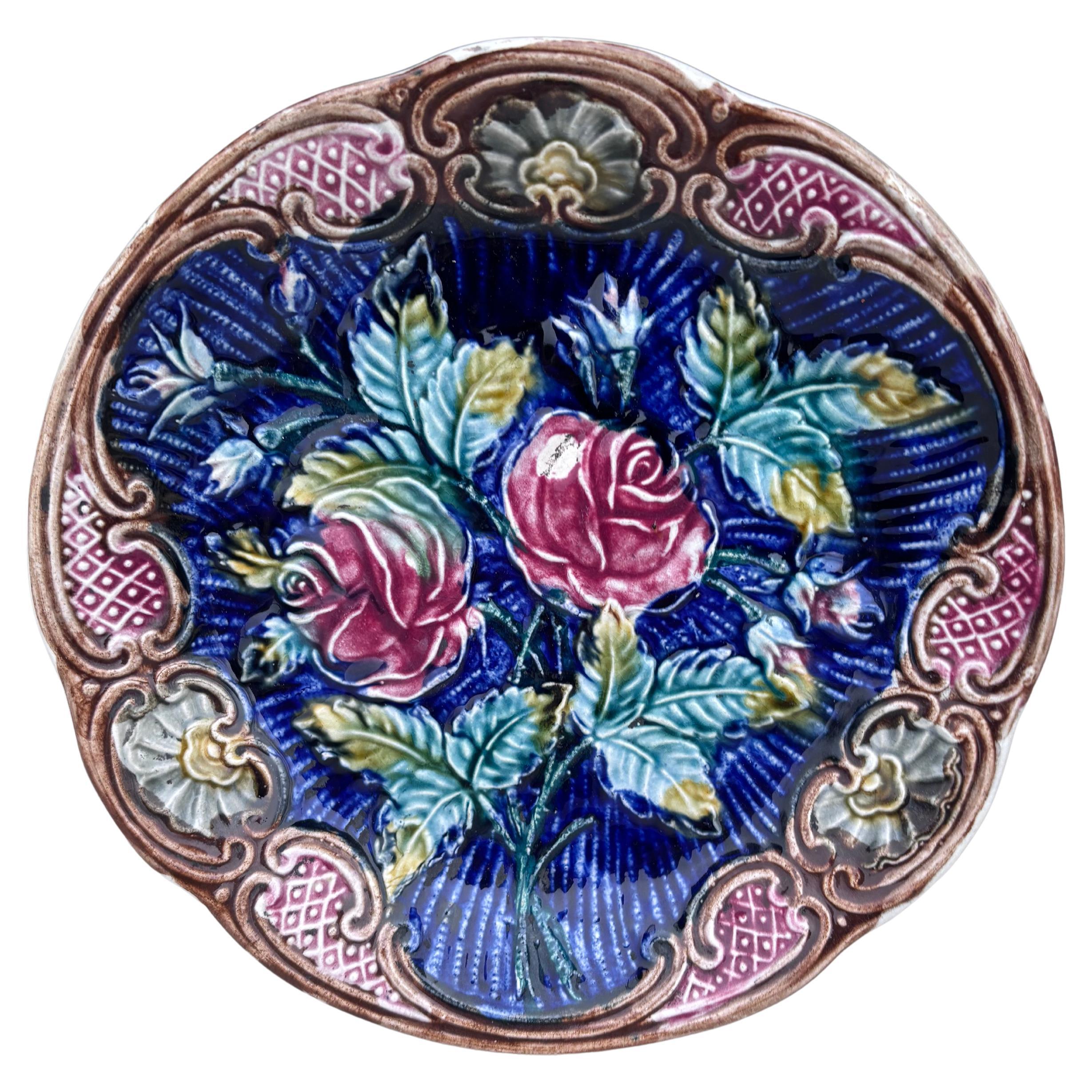 Majolica Roses Plate Wasmuel, circa 1890