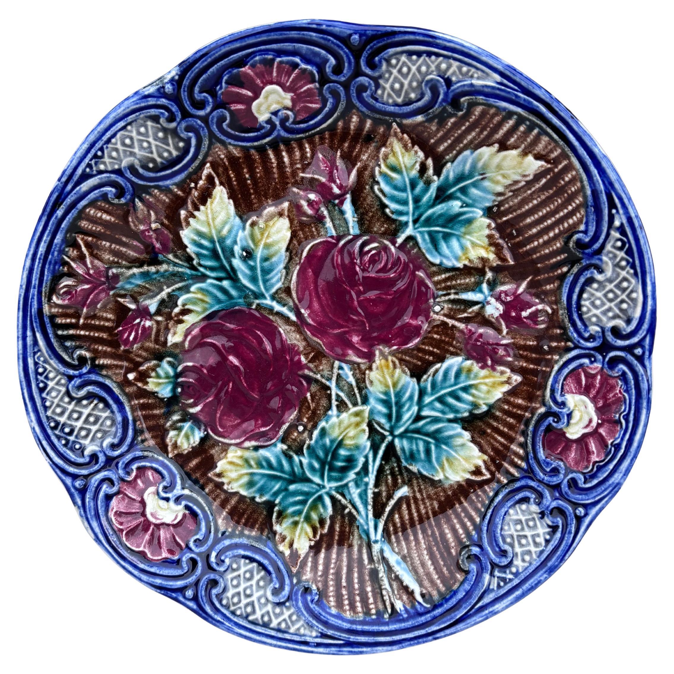 Majolica Roses Plate Wasmuel, circa 1890