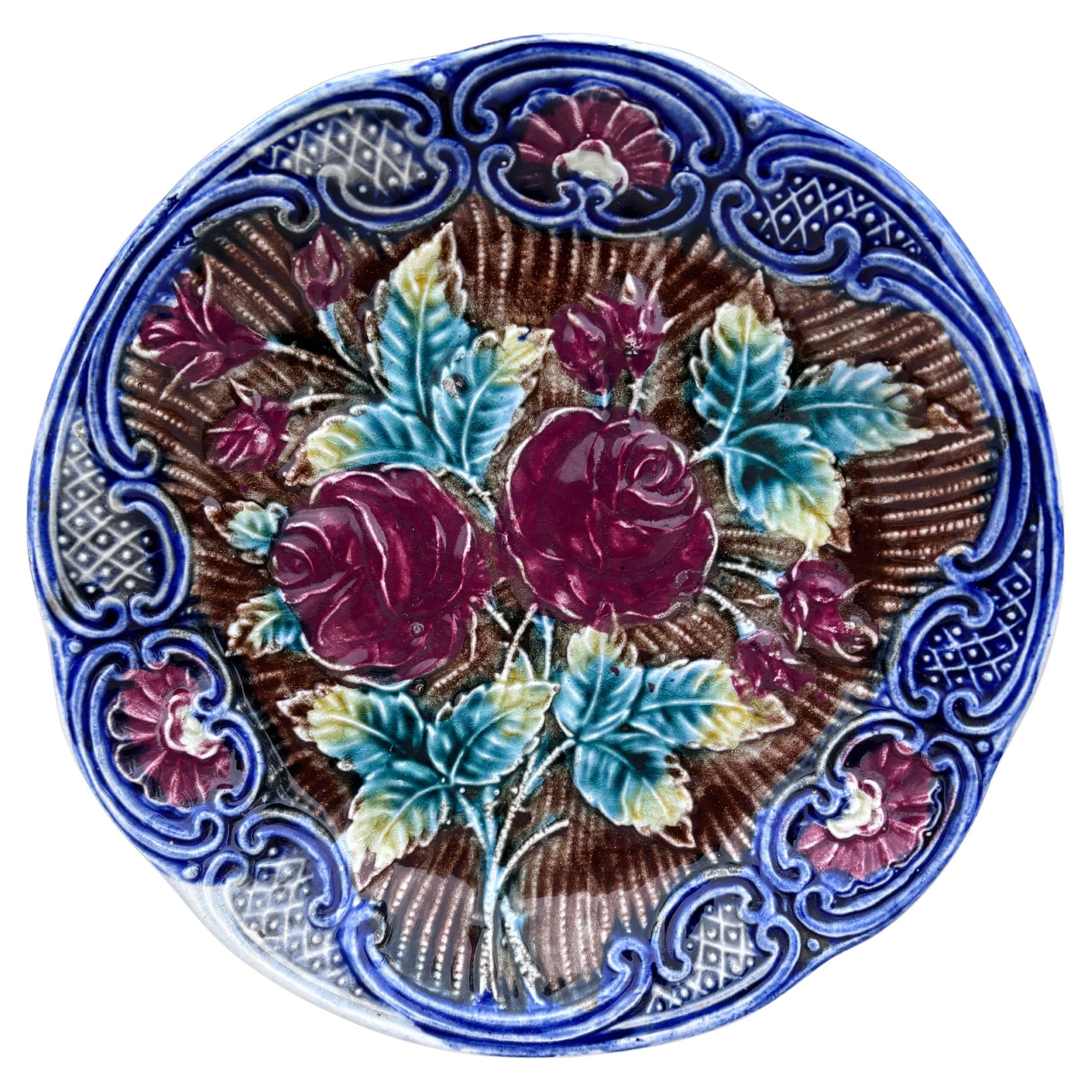 Majolica Roses Plate Wasmuel, circa 1890