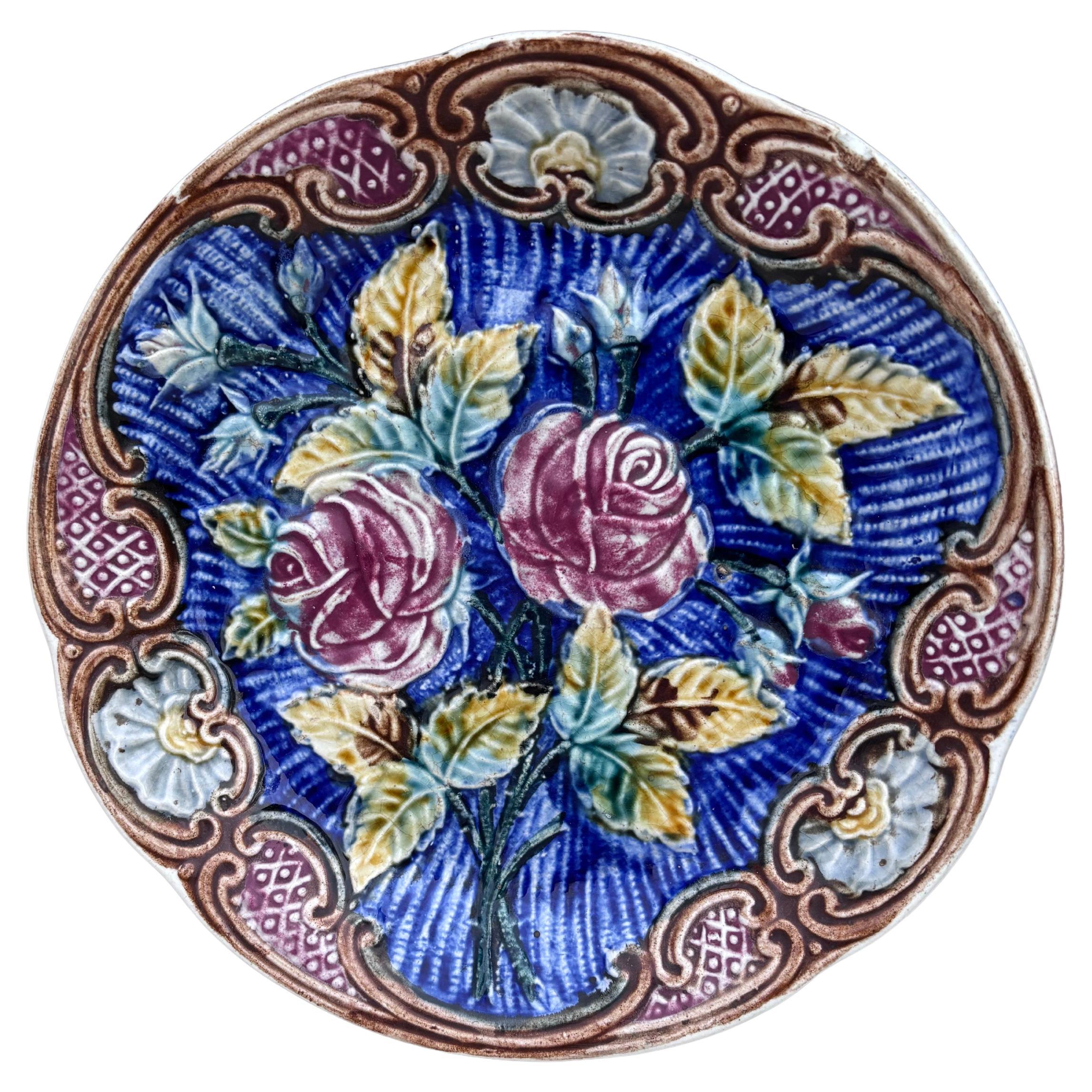 Majolica Roses Plate Wasmuel, circa 1890