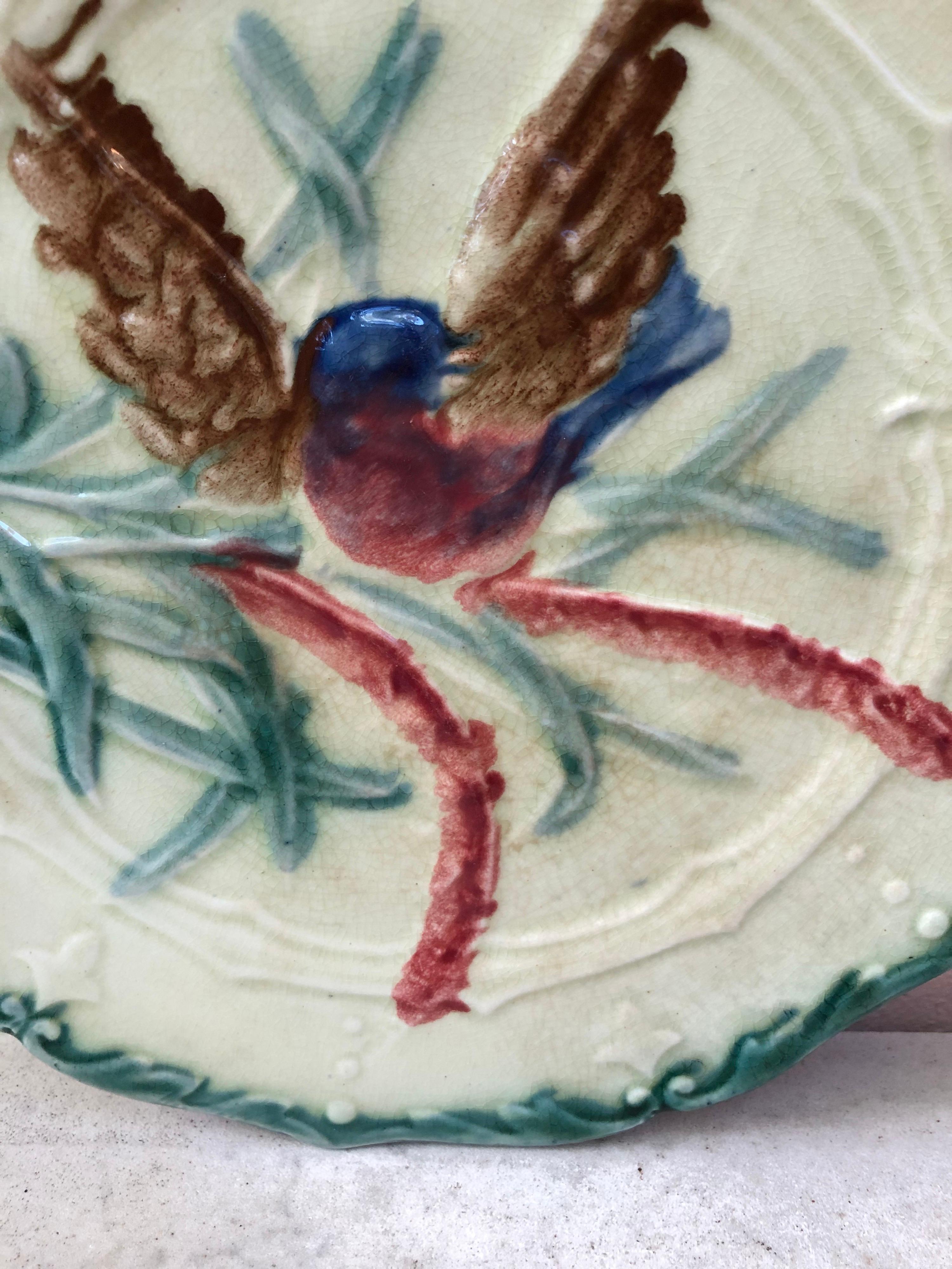 French Provincial Majolica Saint Amand Bird Plate, circa 1890 For Sale