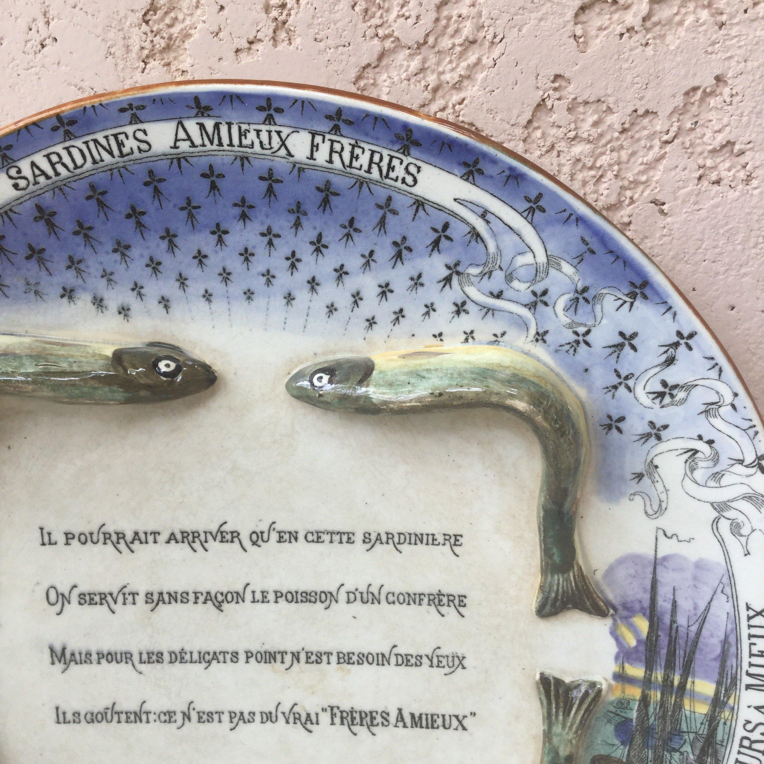 19th-century French sardine plate made for advertising brand Amieux with Brittany harbor made by George Dreyfus.