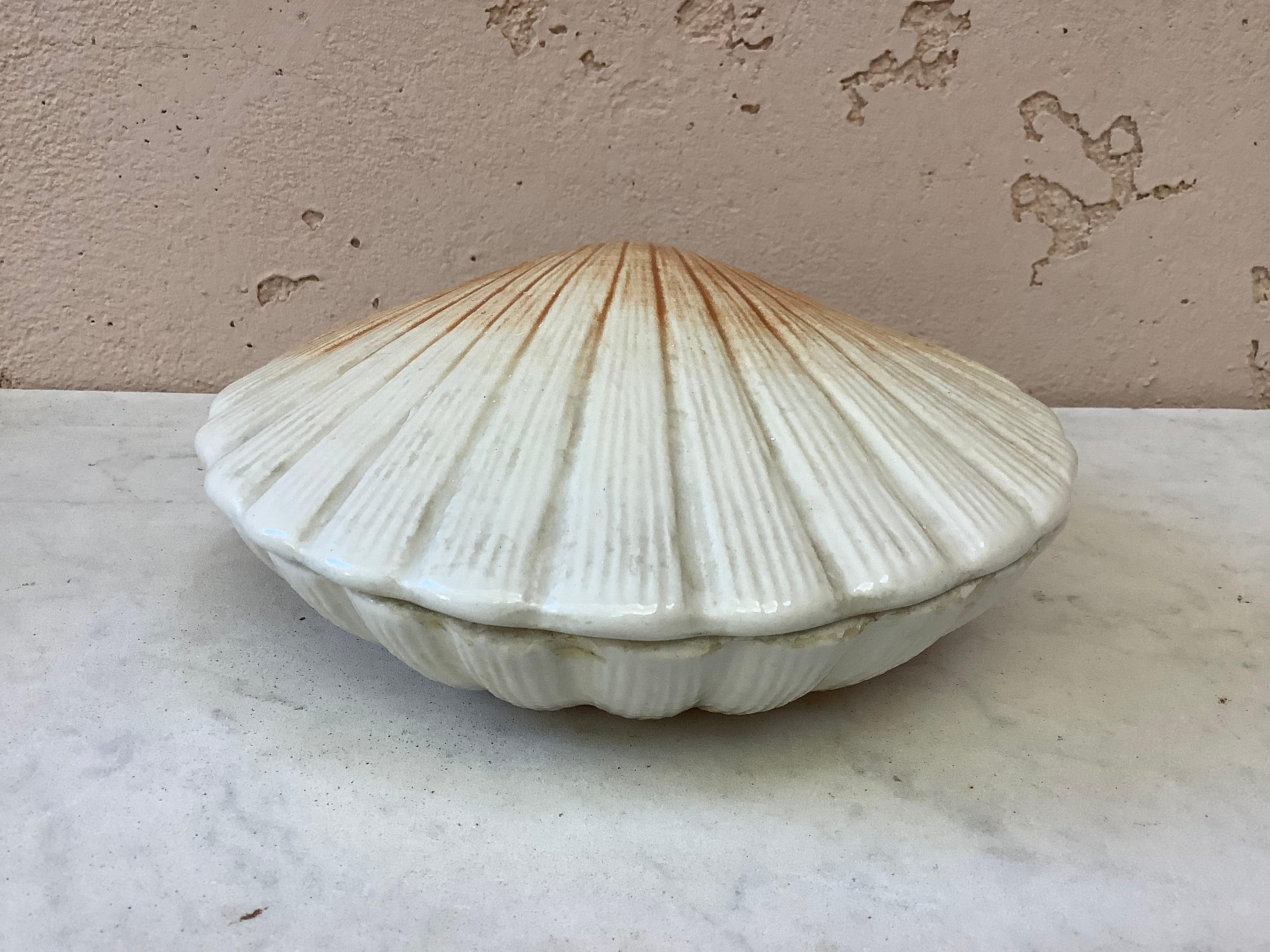 Vintage French Majolica scallop shell tureen signed Caugant, circa 1950.