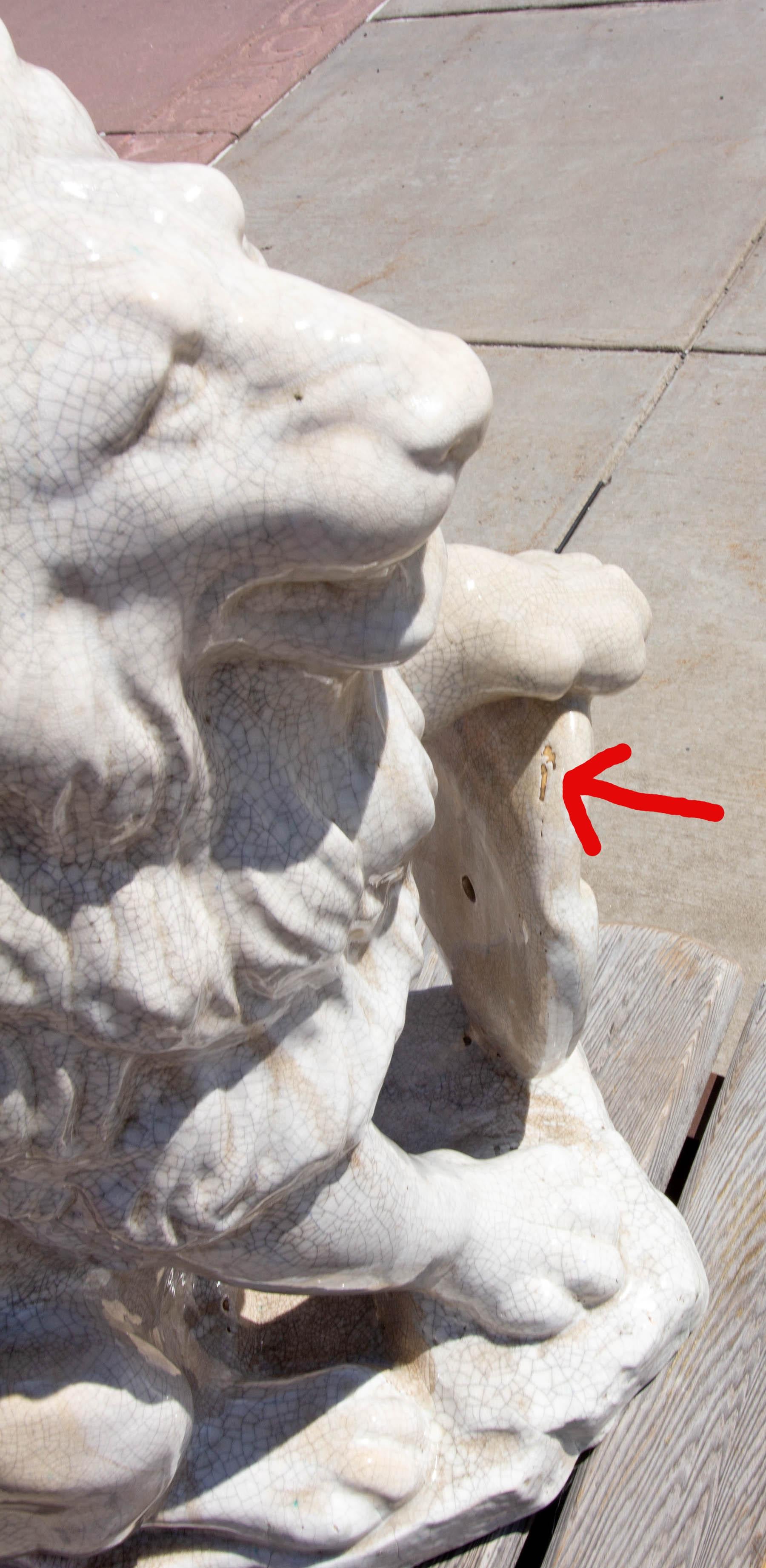 Majolica Seated Garden Lion Sculpture with Heraldic Shield 3