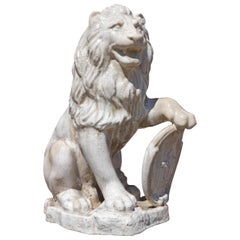 Majolica Seated Garden Lion Sculpture with Heraldic Shield