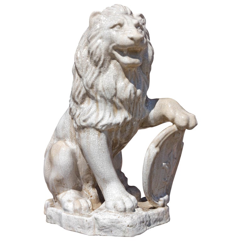 Majolica Seated Garden Lion Statue with Heraldic Shield For Sale at