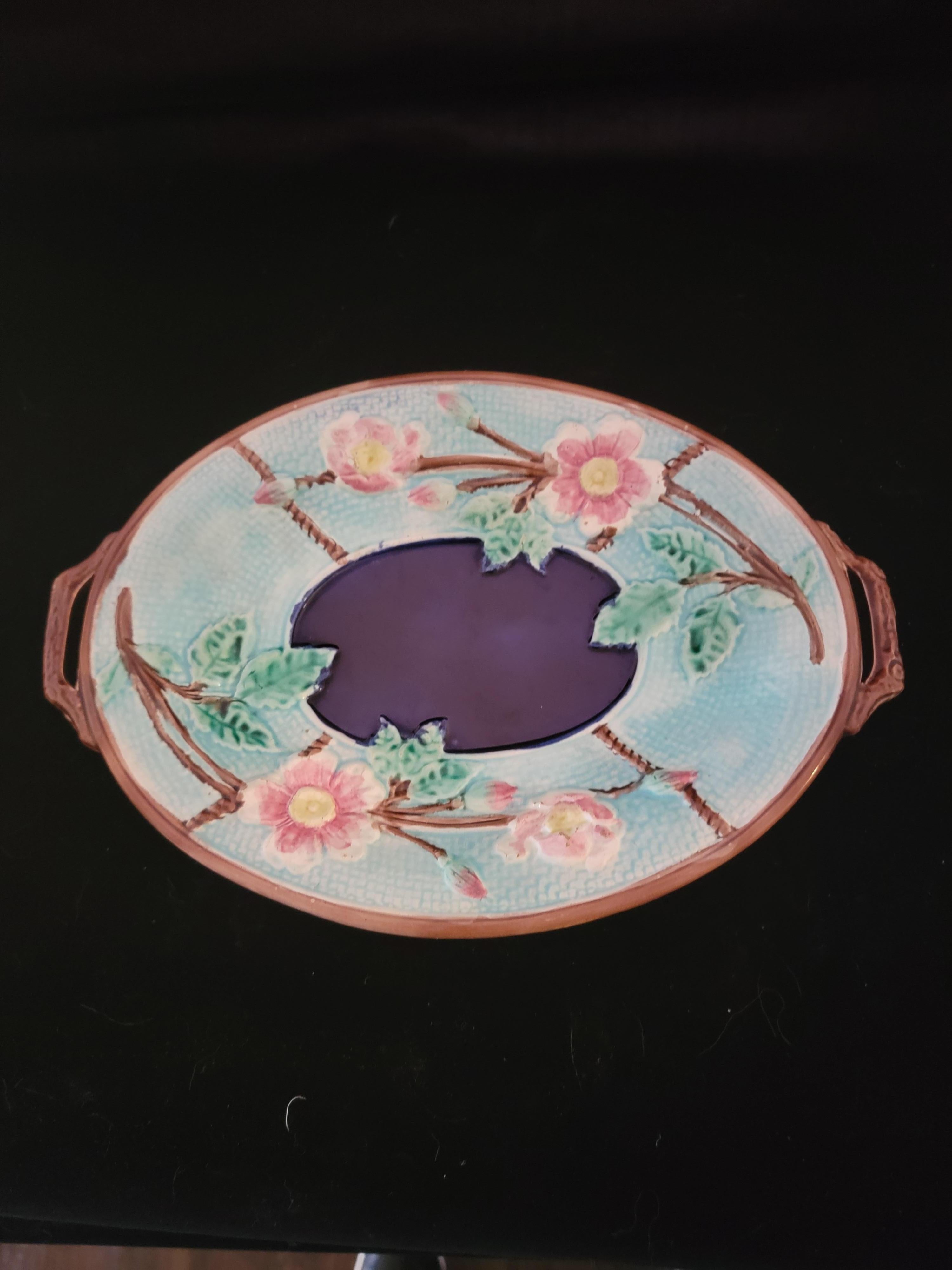 Glazed Majolica Serving Dish with Handles For Sale