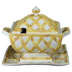 Majolica Serving Tureen & Lid Chippendale Bamboo Decor, Italy 1960s