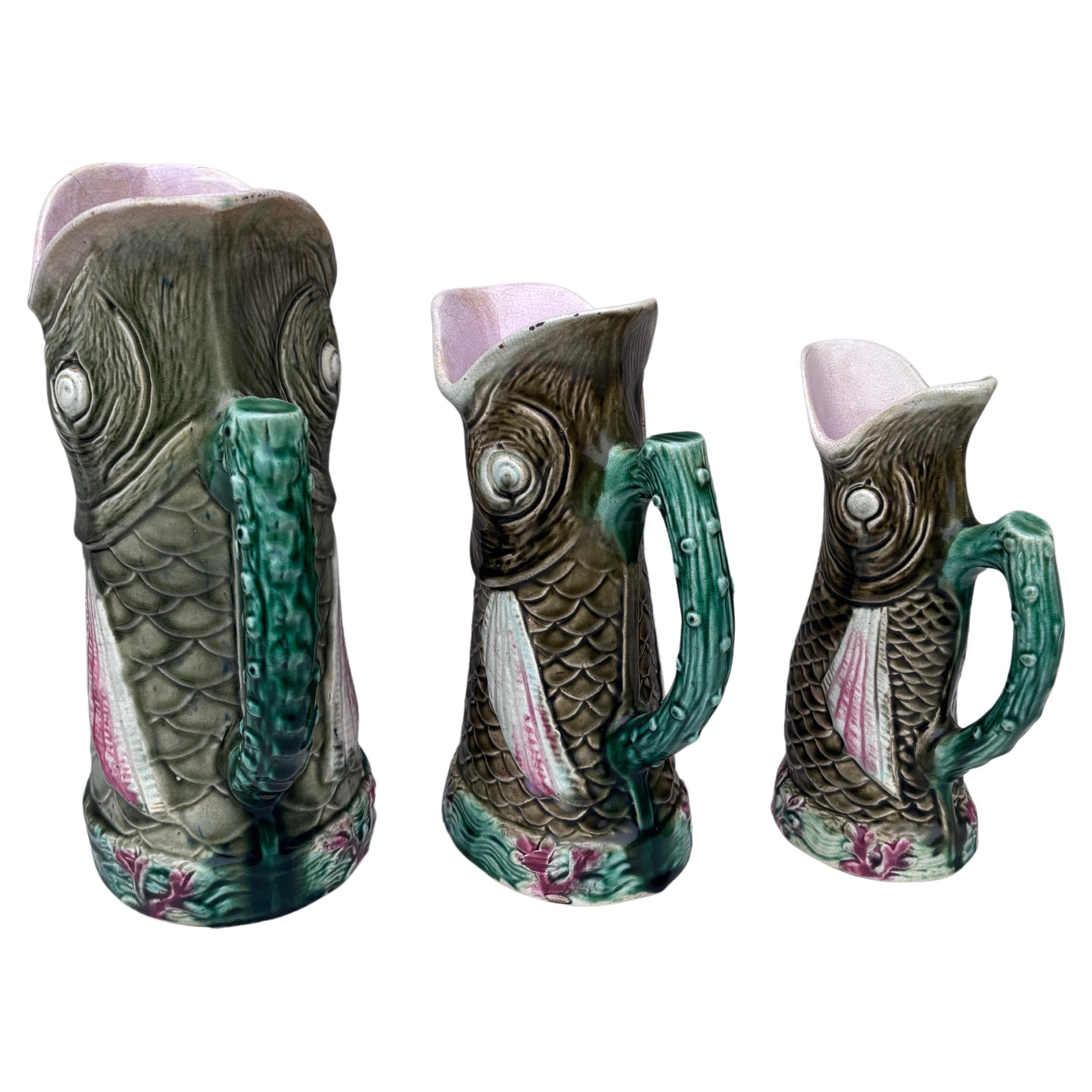 French Majolica Set of 3 Graduated Fish Pitchers Circa 1890 For Sale