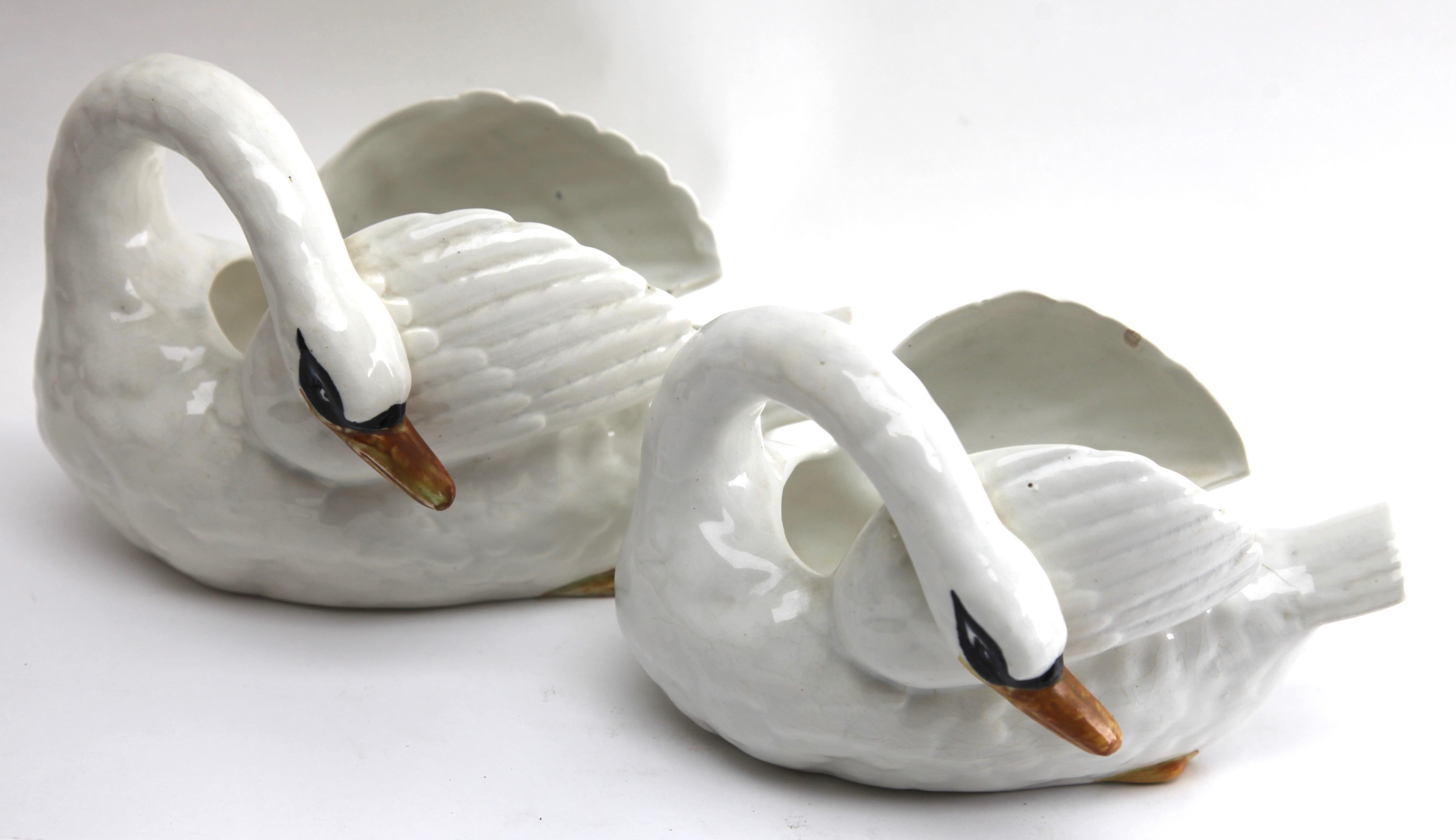 Art Nouveau Majolica Set of White Swans Jardinière Stamped Imperiale Nimy Belgium circa 1900